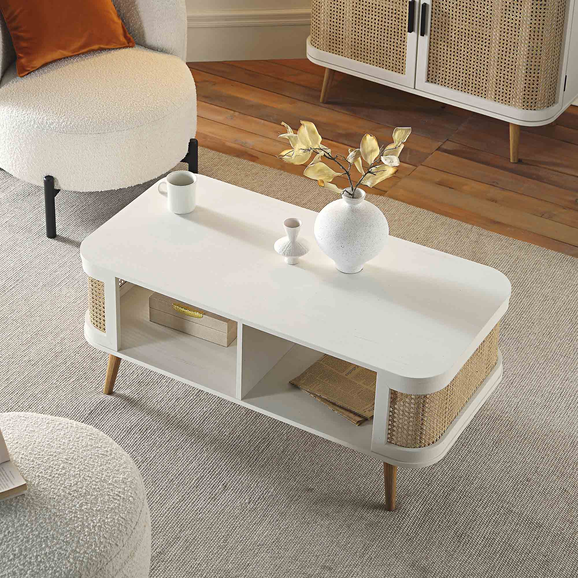 Izzy Curved Rattan Coffee Table, White - Image 3