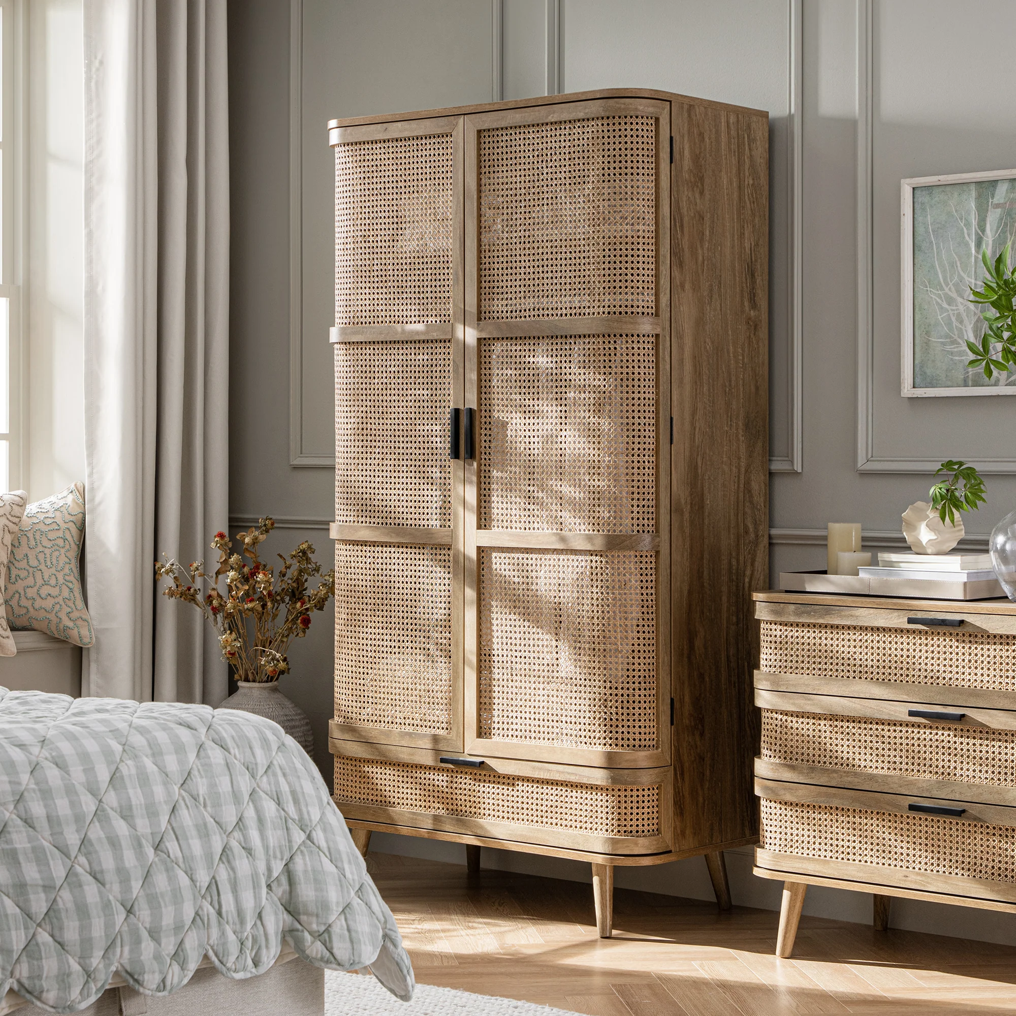Izzy Curved Rattan Double Wardrobe, Natural - Image 2