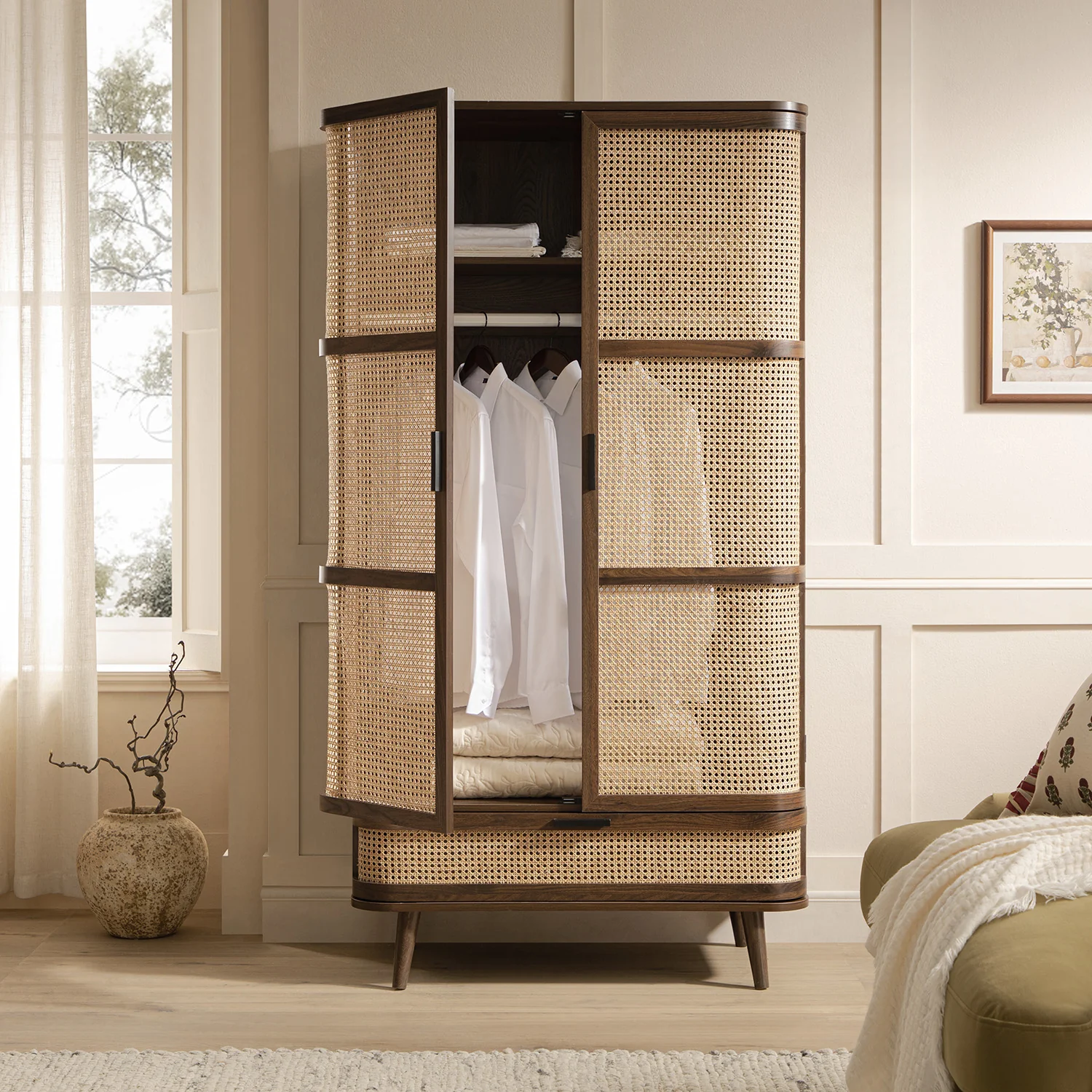 Izzy Curved Rattan Double Wardrobe, Walnut - Image 4