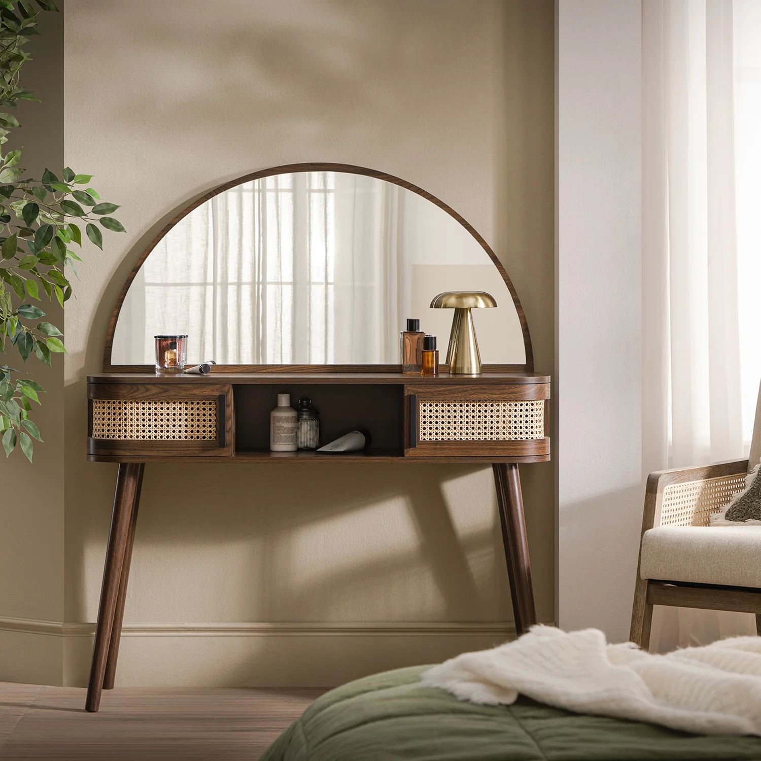 Izzy Curved Rattan Dressing Table, Walnut - Image 2
