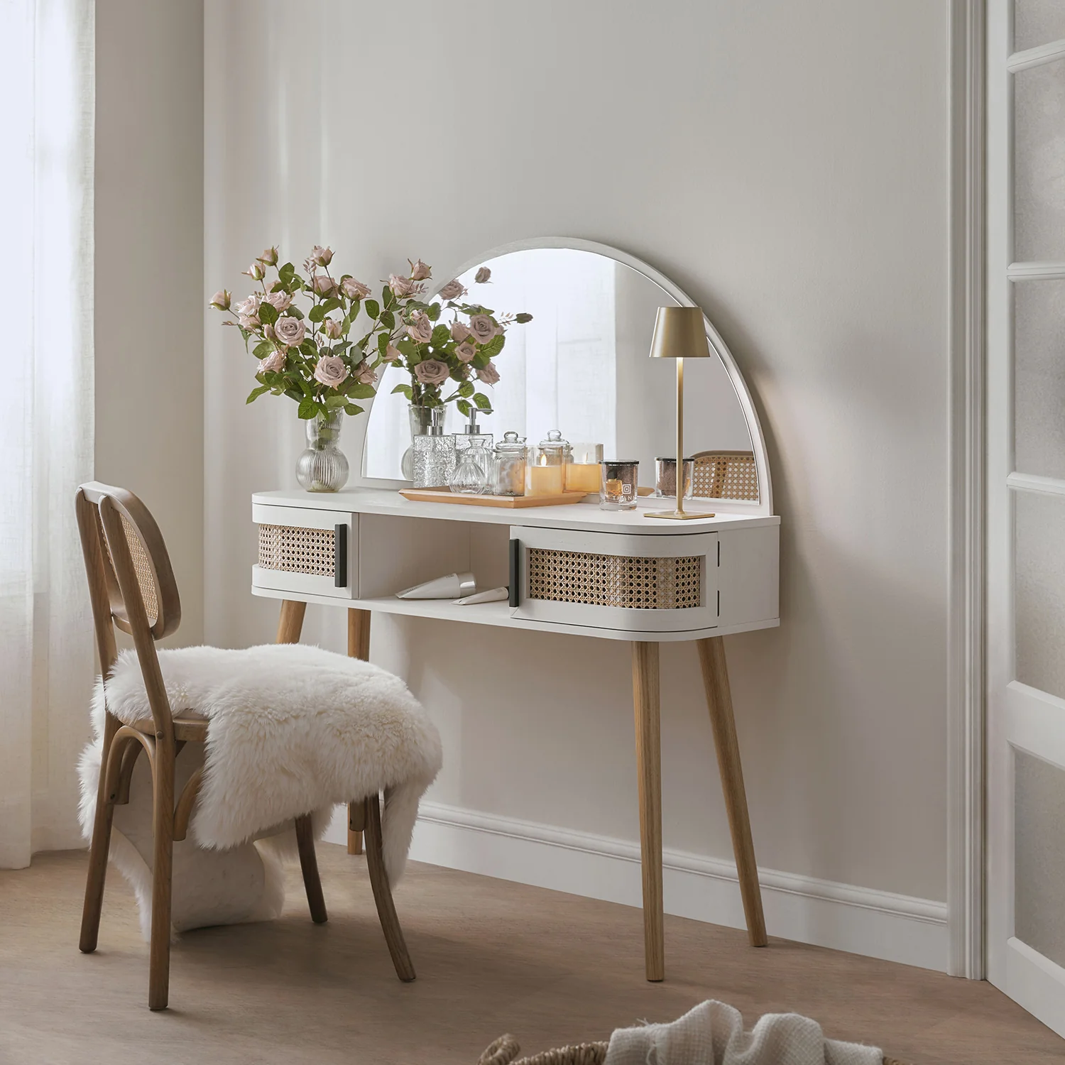 Izzy Curved Rattan Dressing Table, White - Image 2