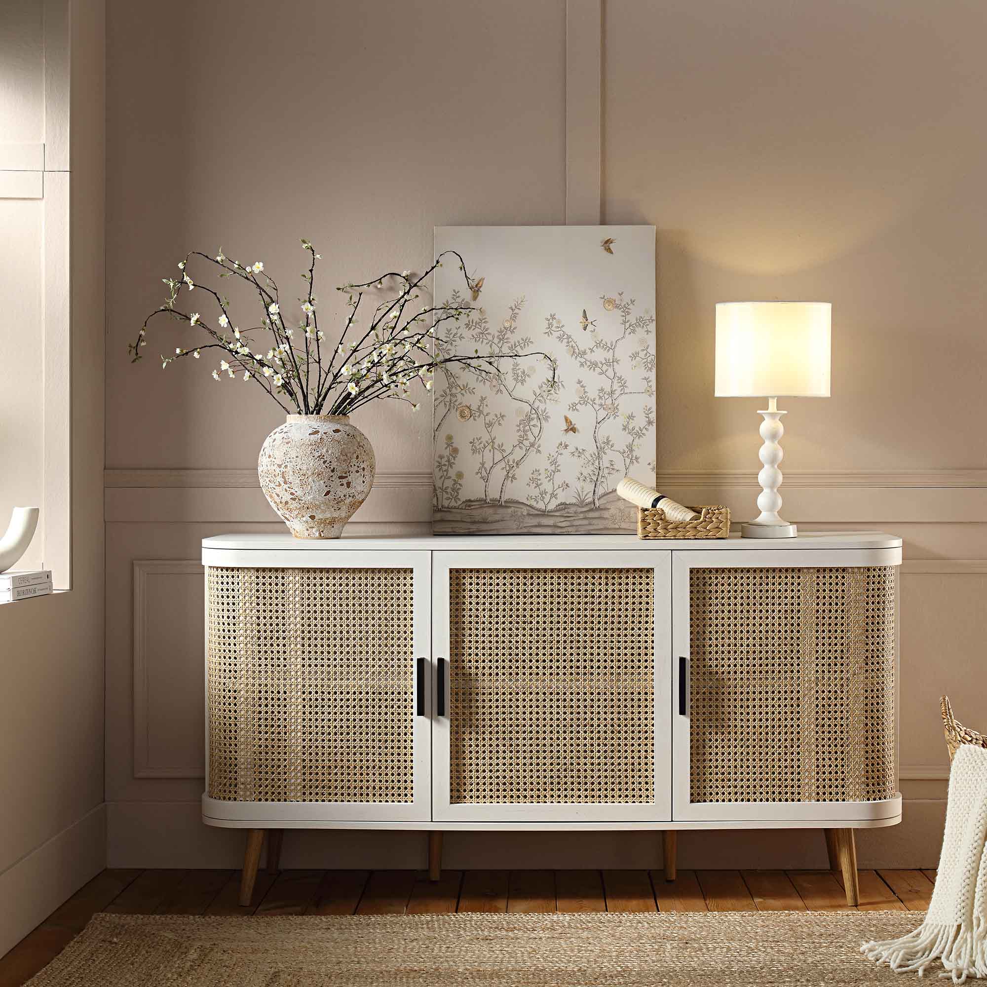 Izzy Curved Rattan Large 3-Door Sideboard, White - Image 2