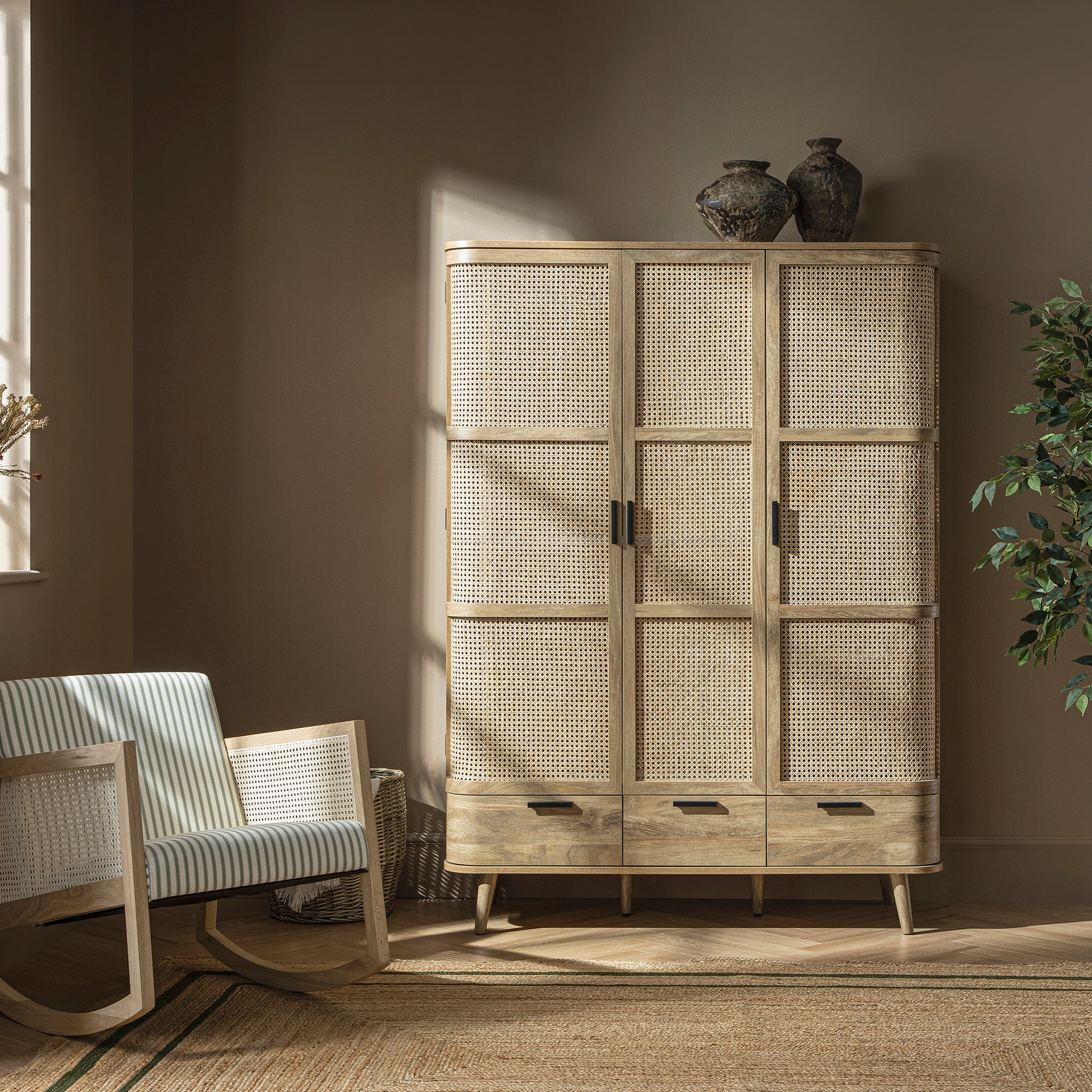 Izzy Curved Rattan Triple Wardrobe, Natural - Image 2