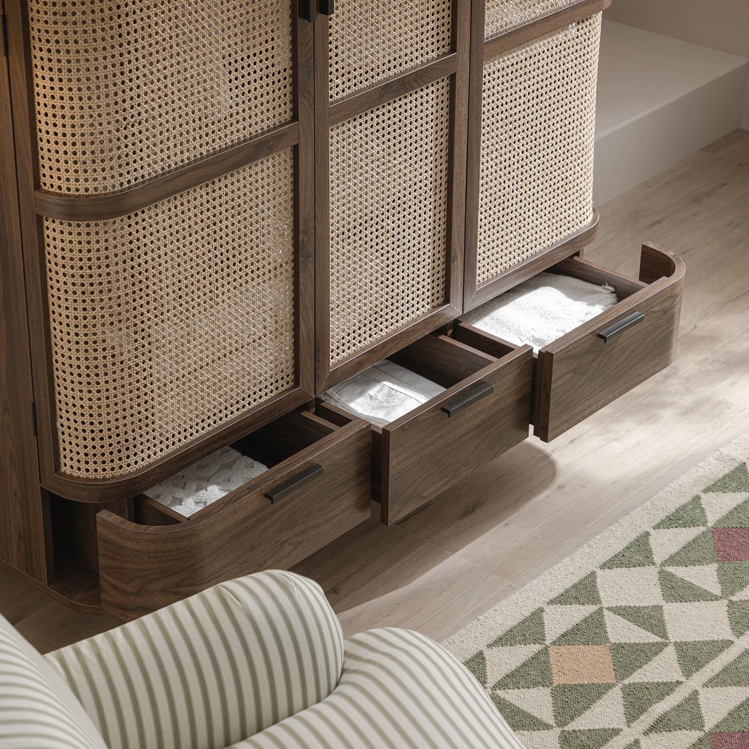 Izzy Curved Rattan Triple Wardrobe, Walnut - Image 5