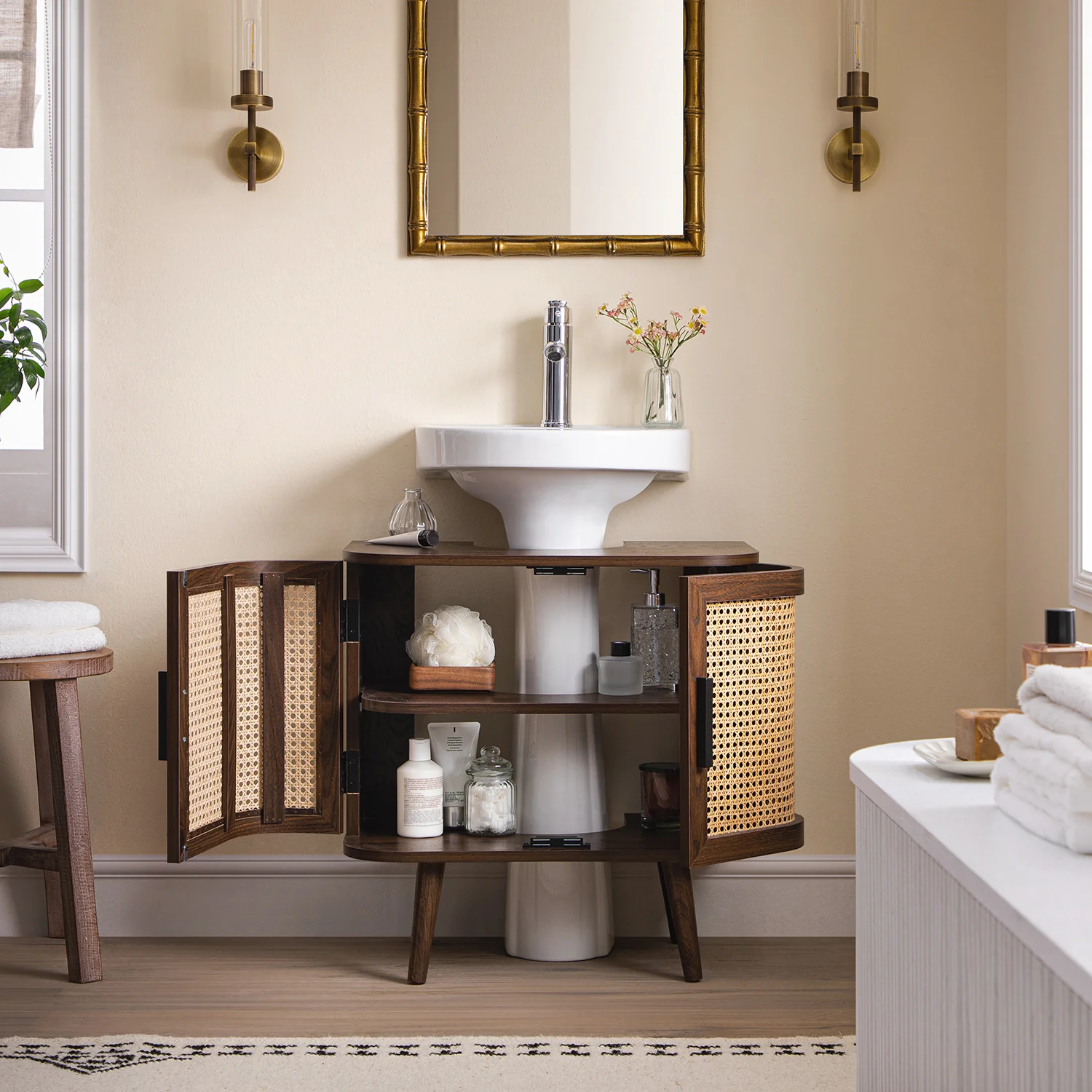 Izzy Curved Rattan Undersink Unit, Walnut - Image 3