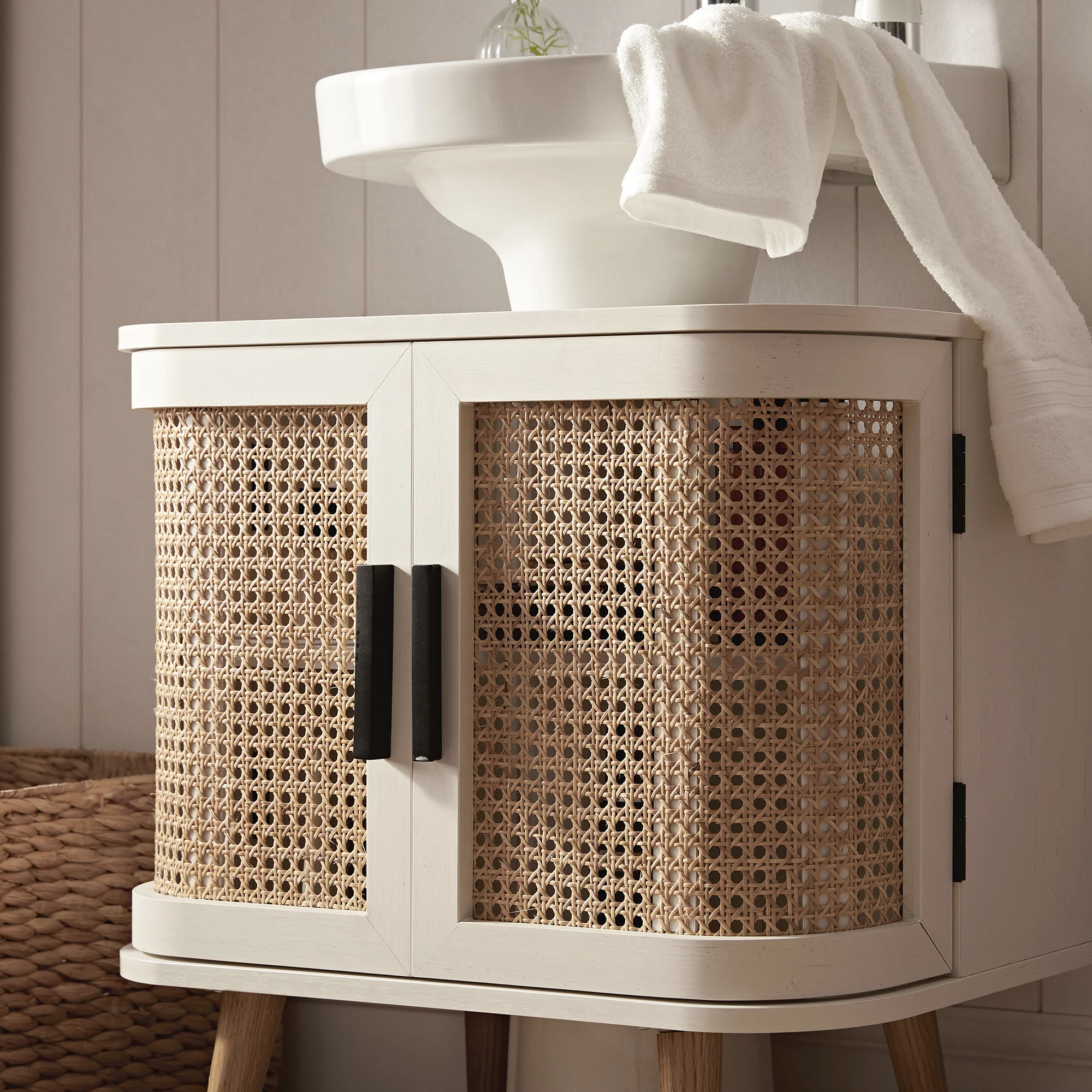 Izzy Curved Rattan Undersink Unit, White - Image 4