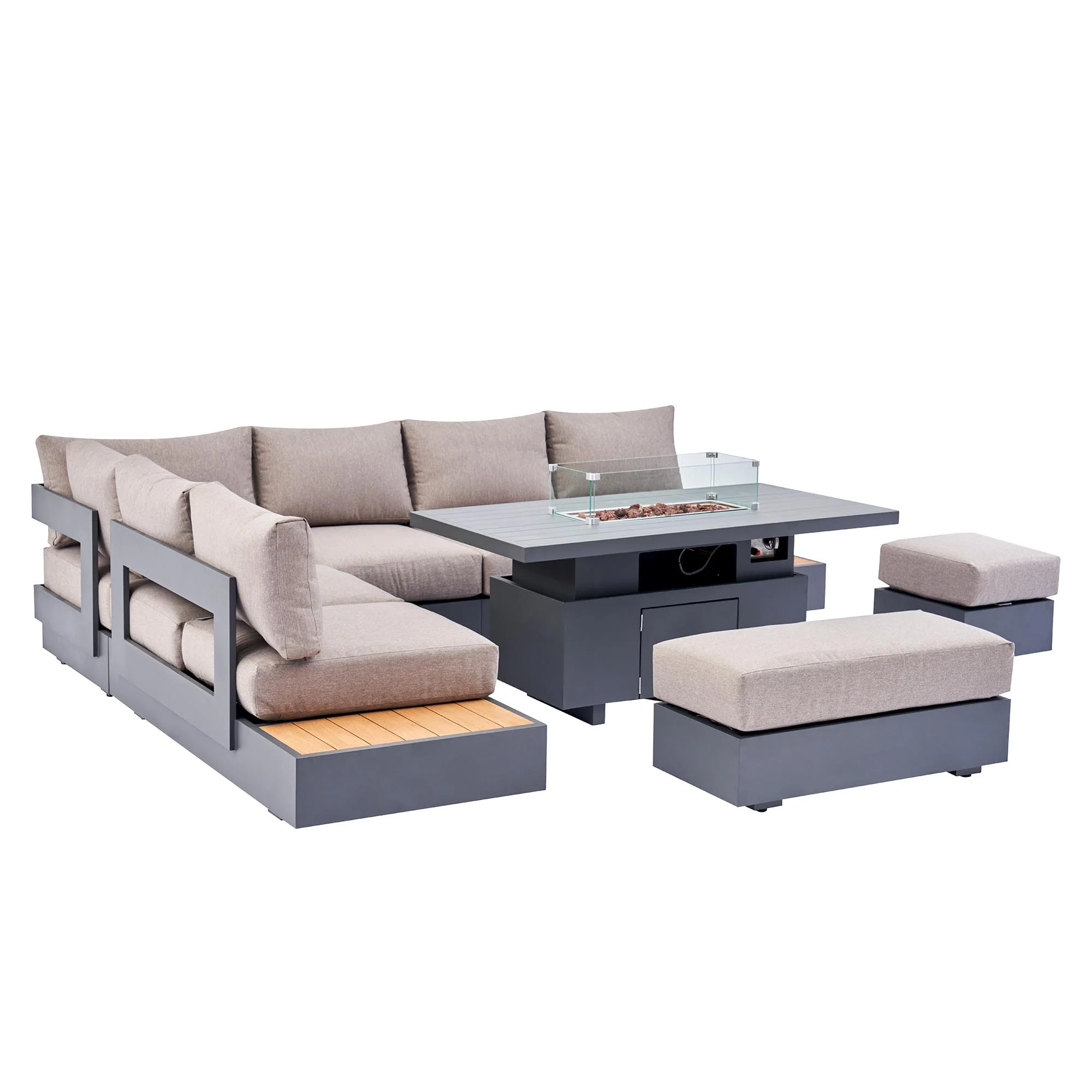 Jardin Aluminium Large Corner Casual Dining Set with Rising Firepit Table, Granite - Image 12