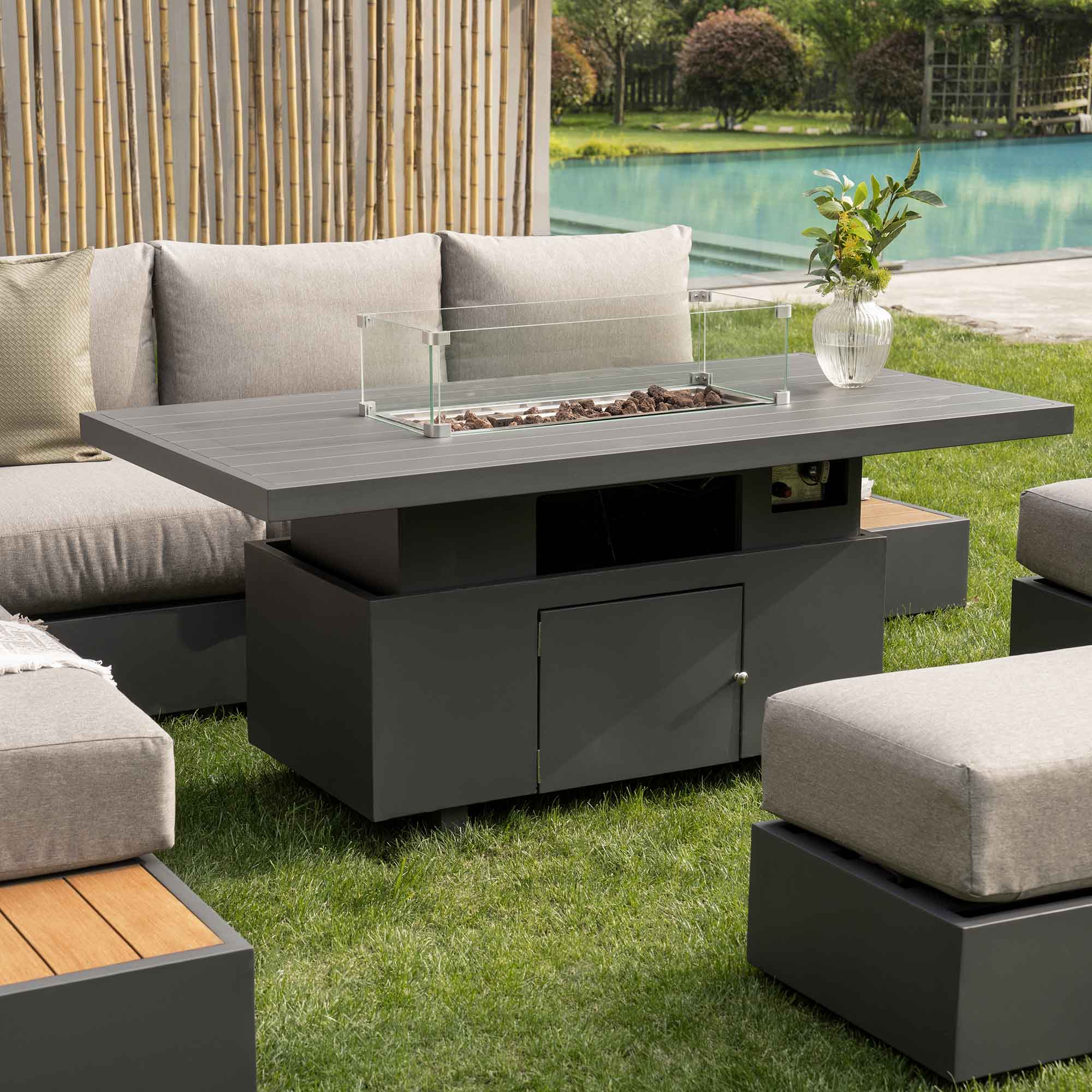 Jardin Aluminium Large Corner Casual Dining Set with Rising Firepit Table, Granite - Image 5