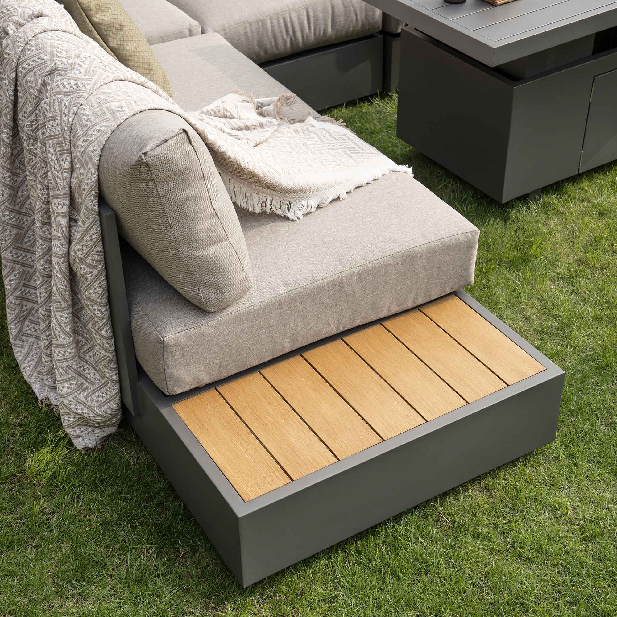 Jardin Aluminium Large Corner Casual Dining Set with Rising Firepit Table, Granite - Image 7