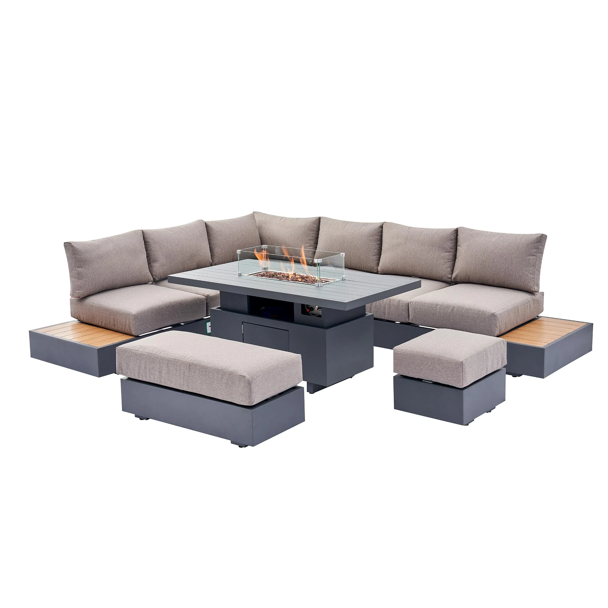 Jardin Aluminium Large Corner Casual Dining Set with Rising Firepit Table, Granite - Image 8