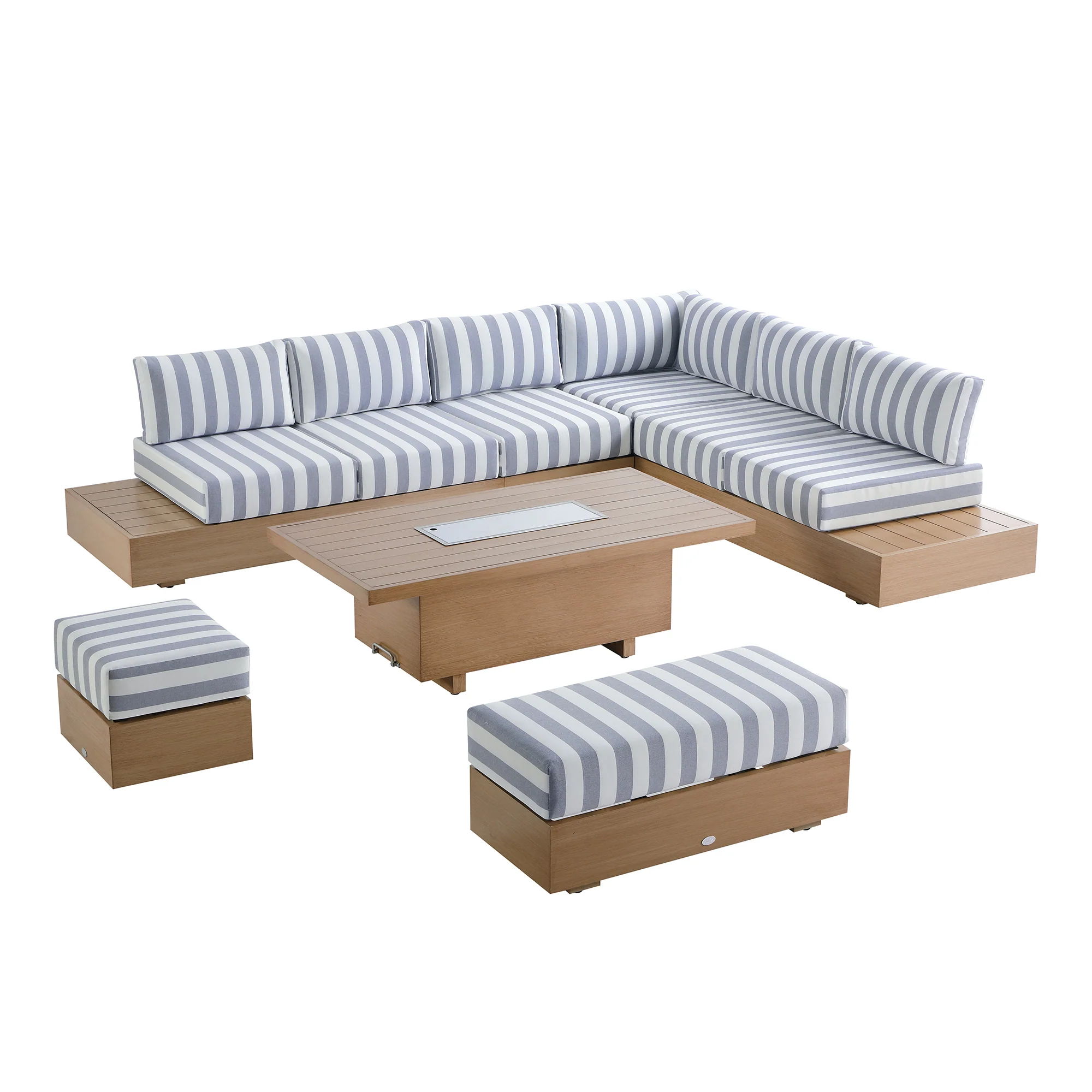 Jardin Aluminium Large Corner Casual Dining Set with Rising Firepit Table, Natural with Blue Stripes - Image 17