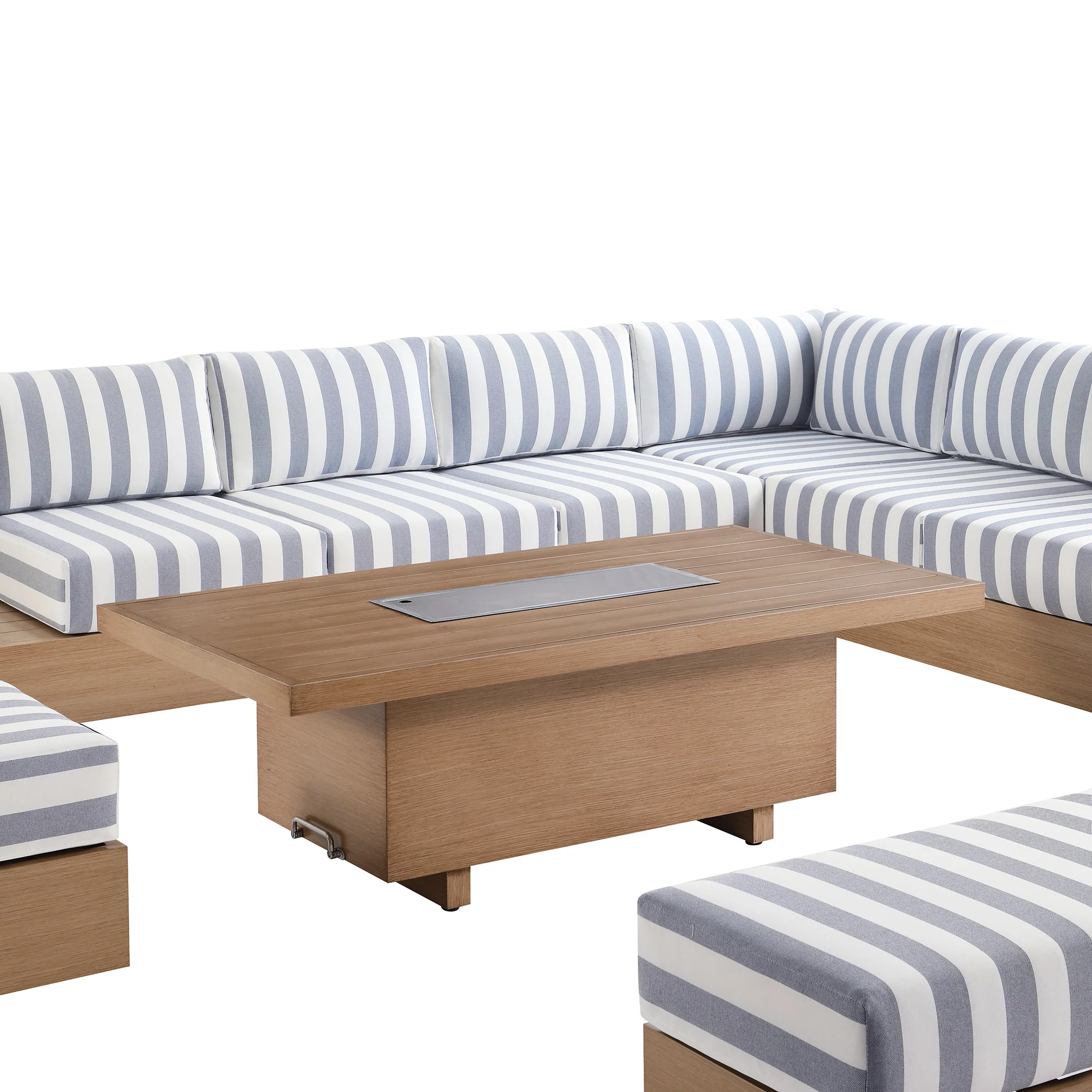 Jardin Aluminium Large Corner Casual Dining Set with Rising Firepit Table, Natural with Blue Stripes - Image 20