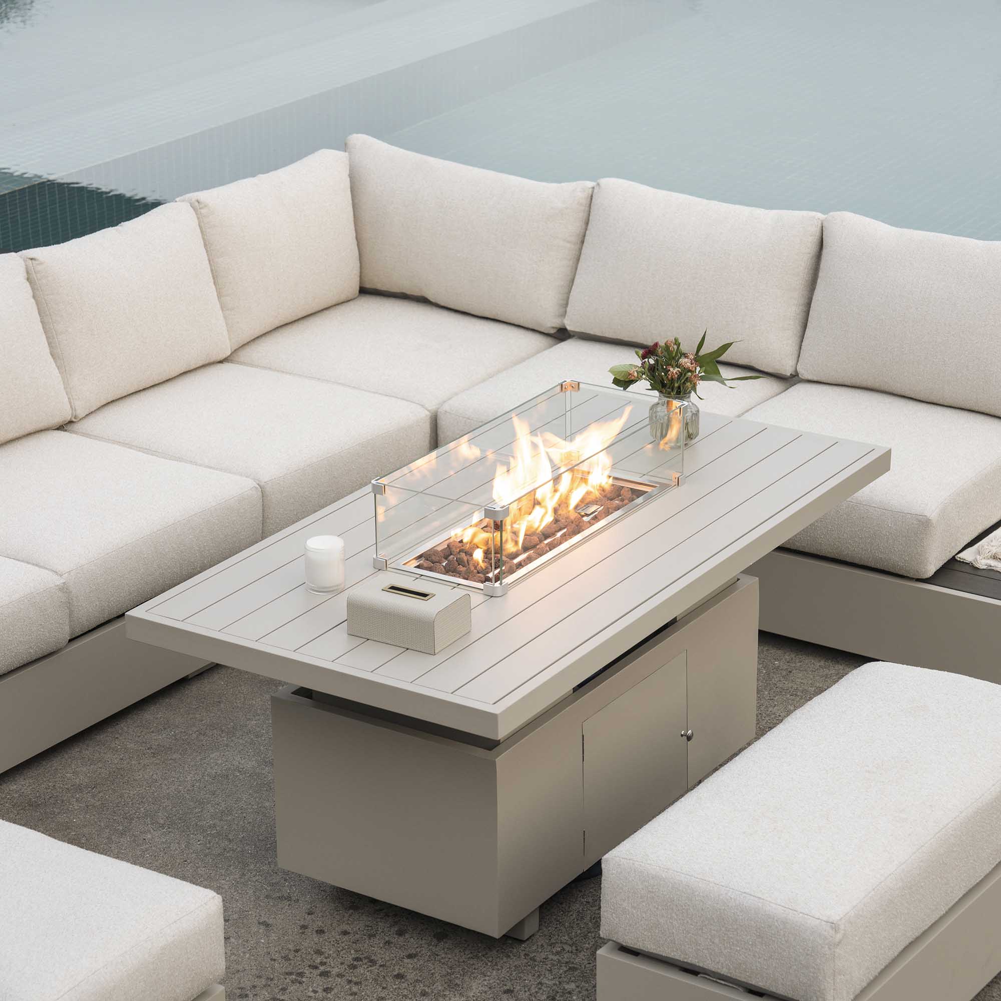 Jardin Aluminium Large Corner Casual Dining Set with Rising Firepit Table, Pumice - Image 4