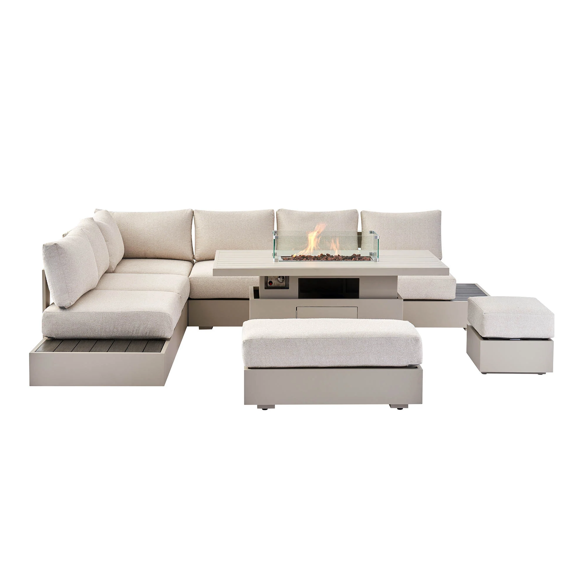 Jardin Aluminium Large Corner Casual Dining Set with Rising Firepit Table, Pumice - Image 8