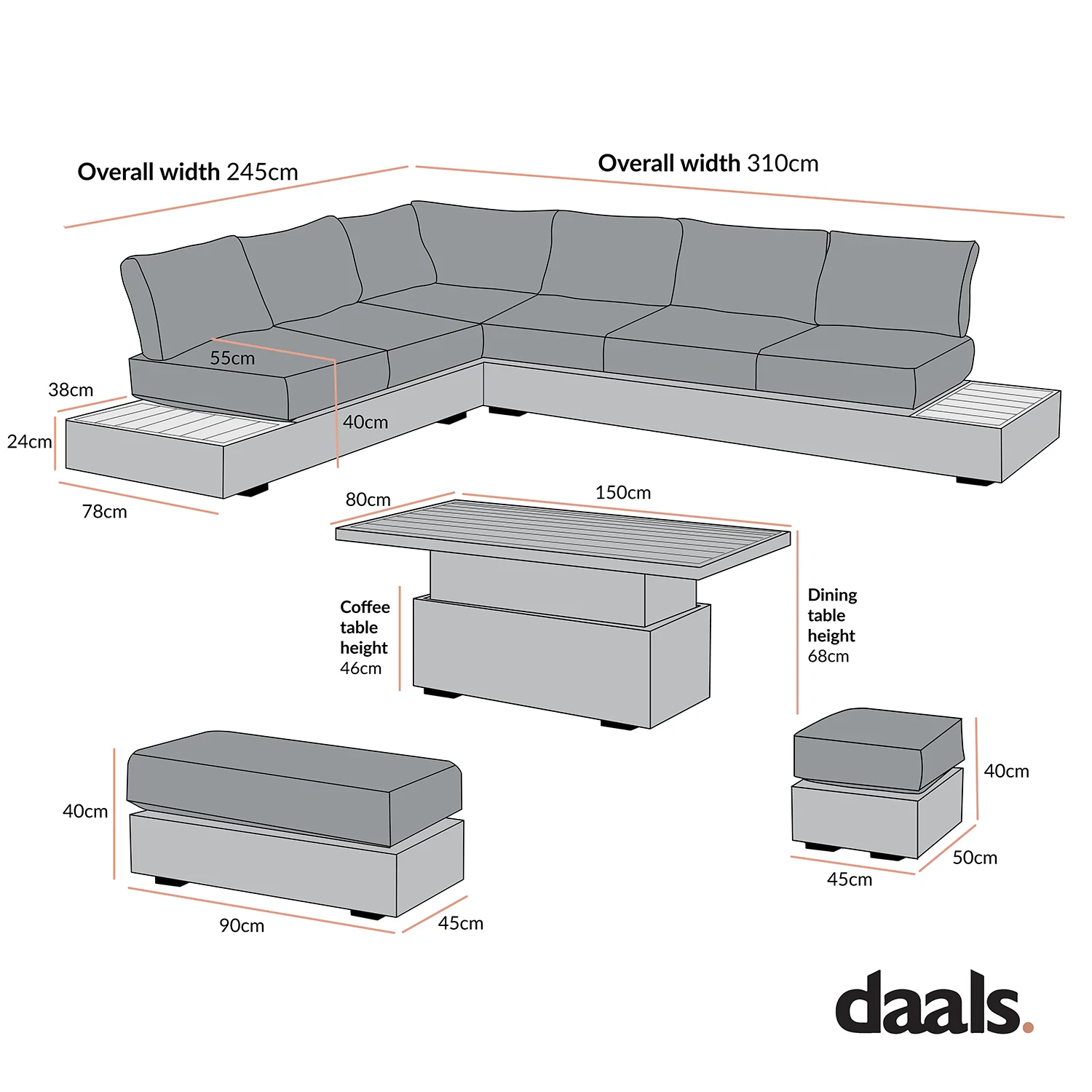 Jardin Aluminium Large Corner Casual Dining Set with Rising Table, Granite - Image 11