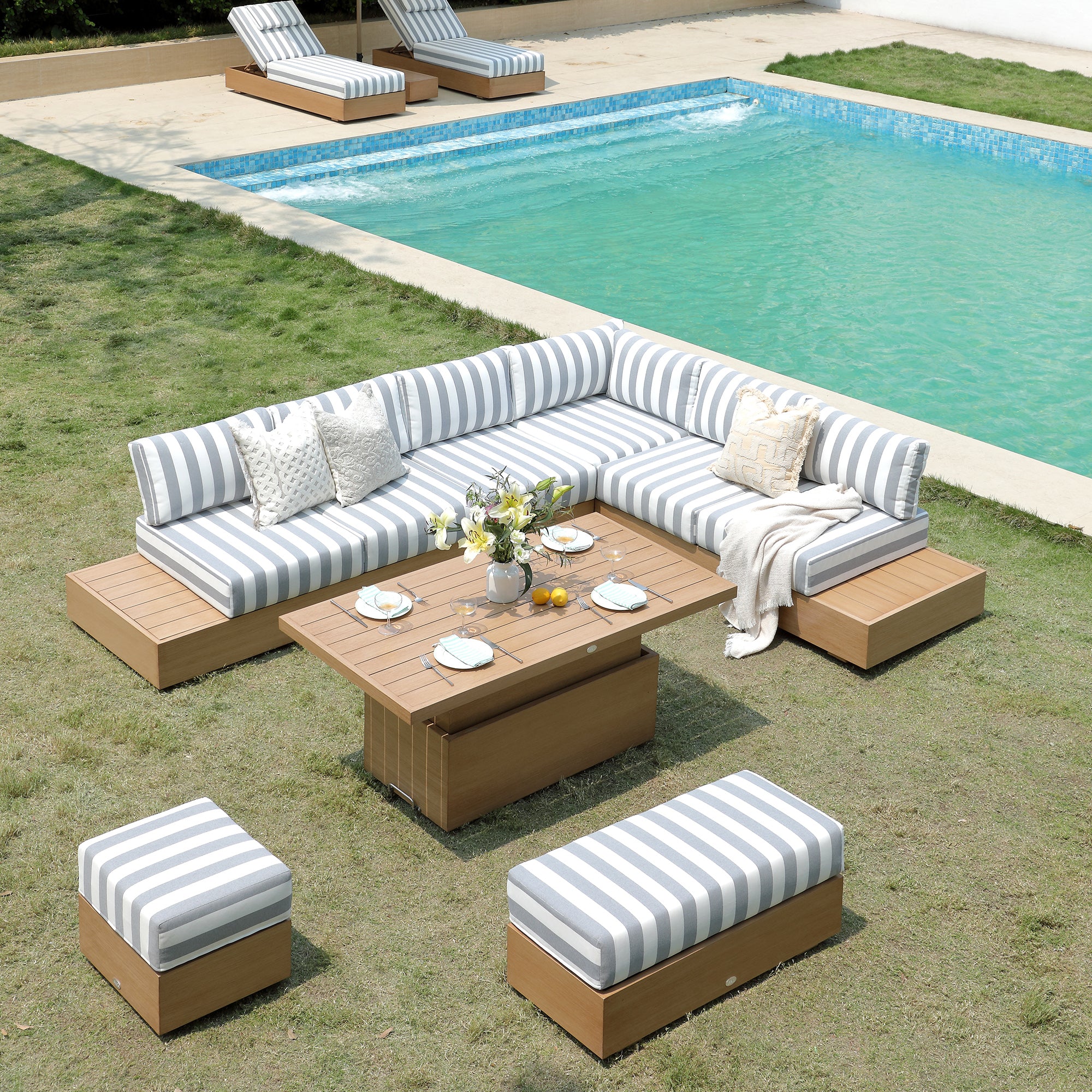 Jardin Aluminium Large Corner Casual Dining Set with Rising Table, Natural with Blue Stripes - Image 3