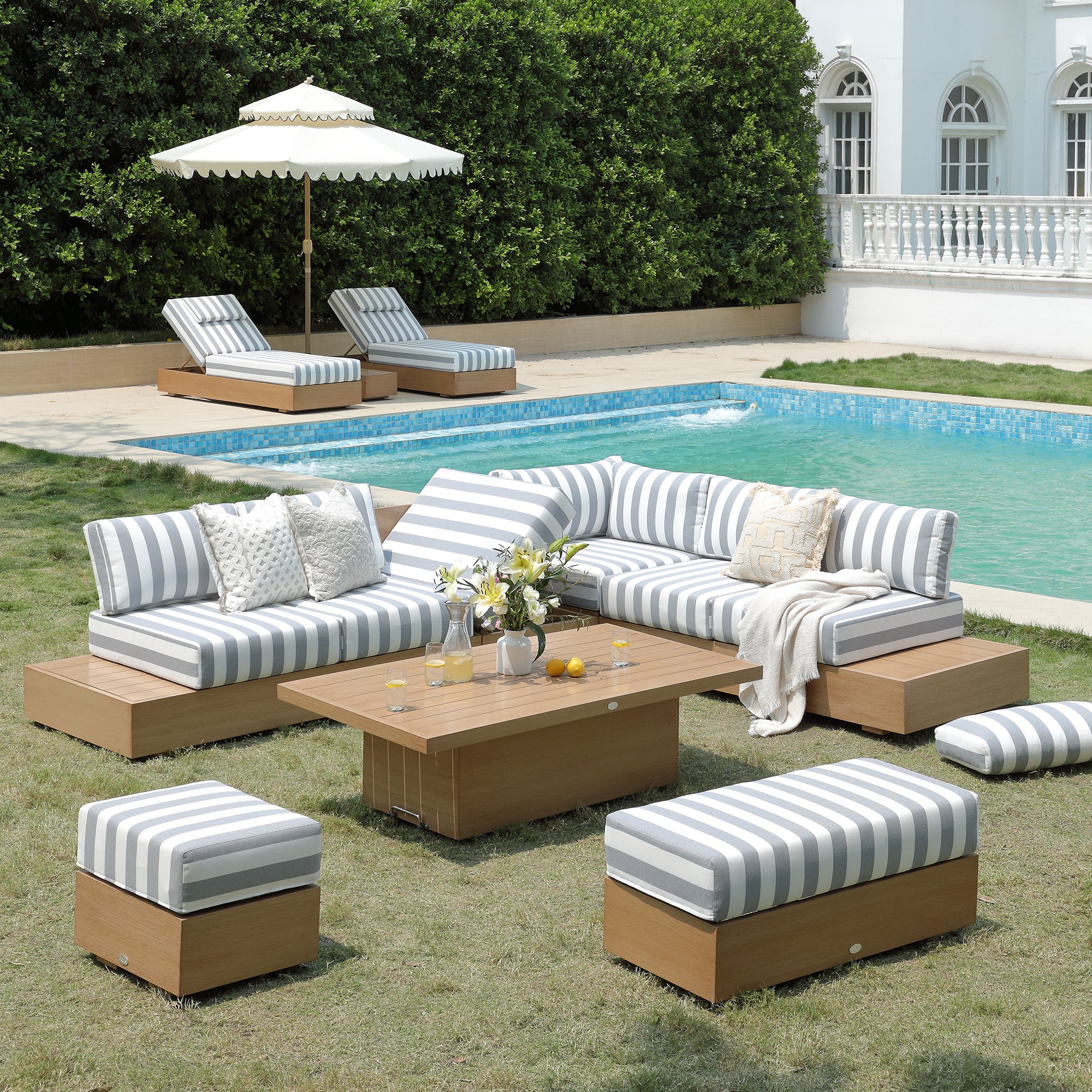 Jardin Aluminium Large Corner Casual Dining Set with Rising Table, Natural with Blue Stripes - Image 4
