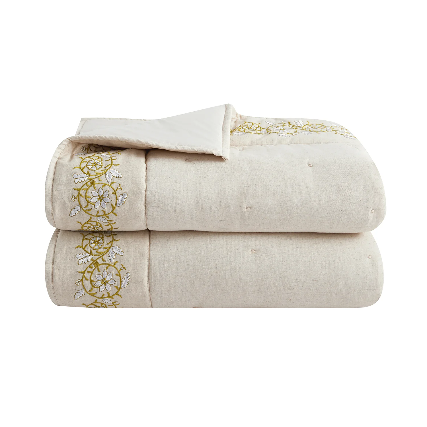 Jasmina Cream Floral Embroidered Quilted Linen Blend Bedspread - Image 2