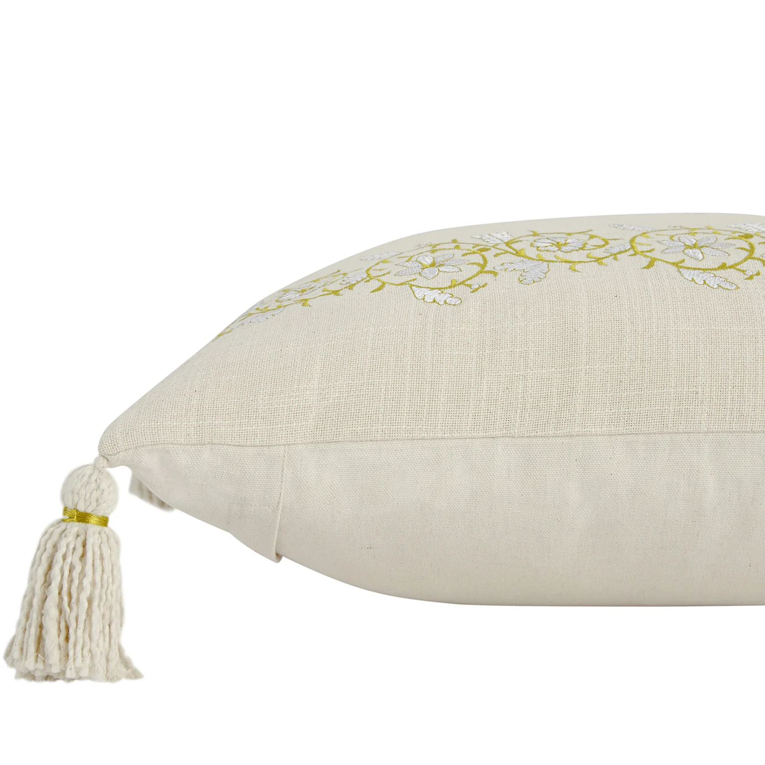 Jasmina Cream Floral Embroidered Linen Blend Tassel Cushion - Image 3