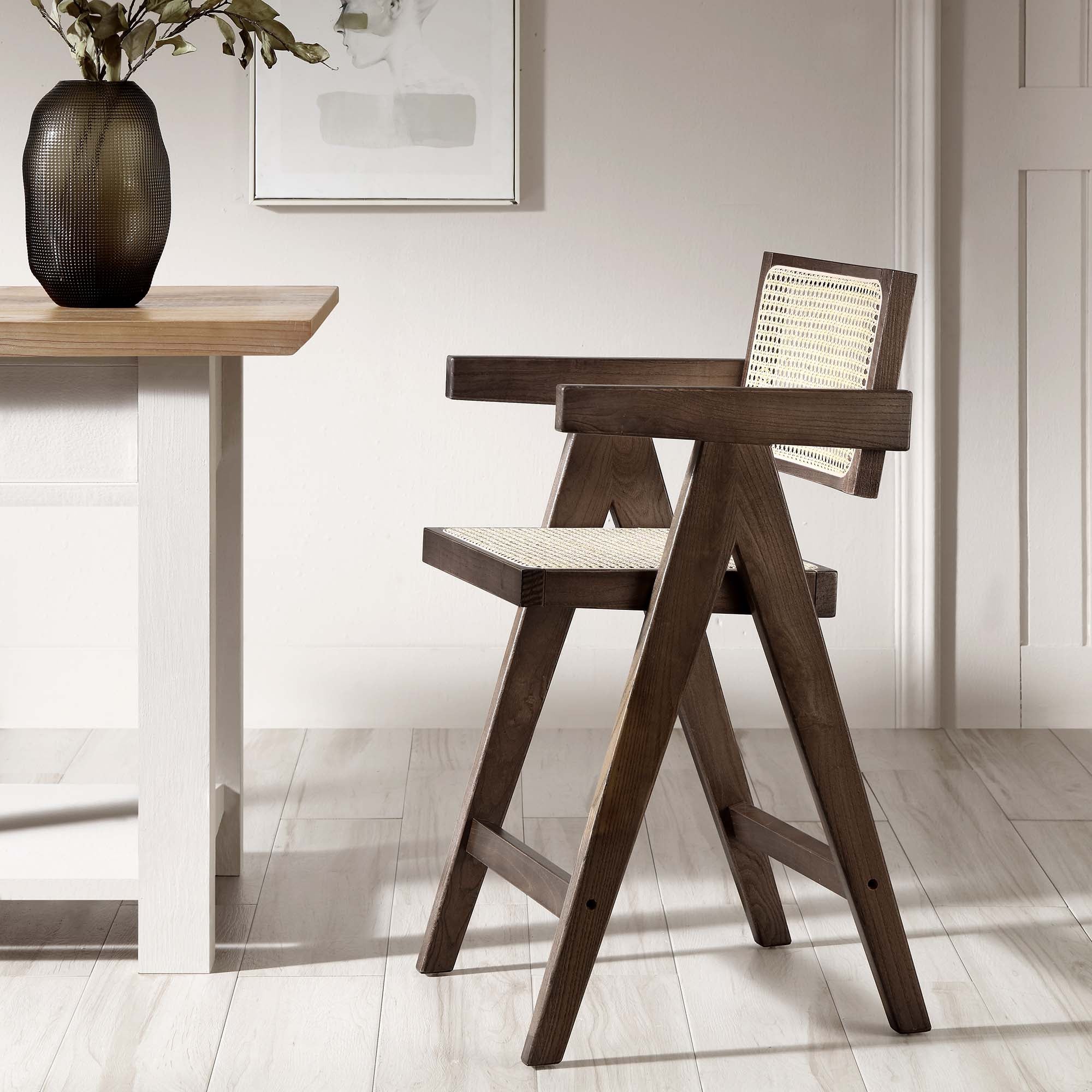 Jeanne Dark Walnut Cane Rattan Solid Beech Wood Counter Stool - Image 2