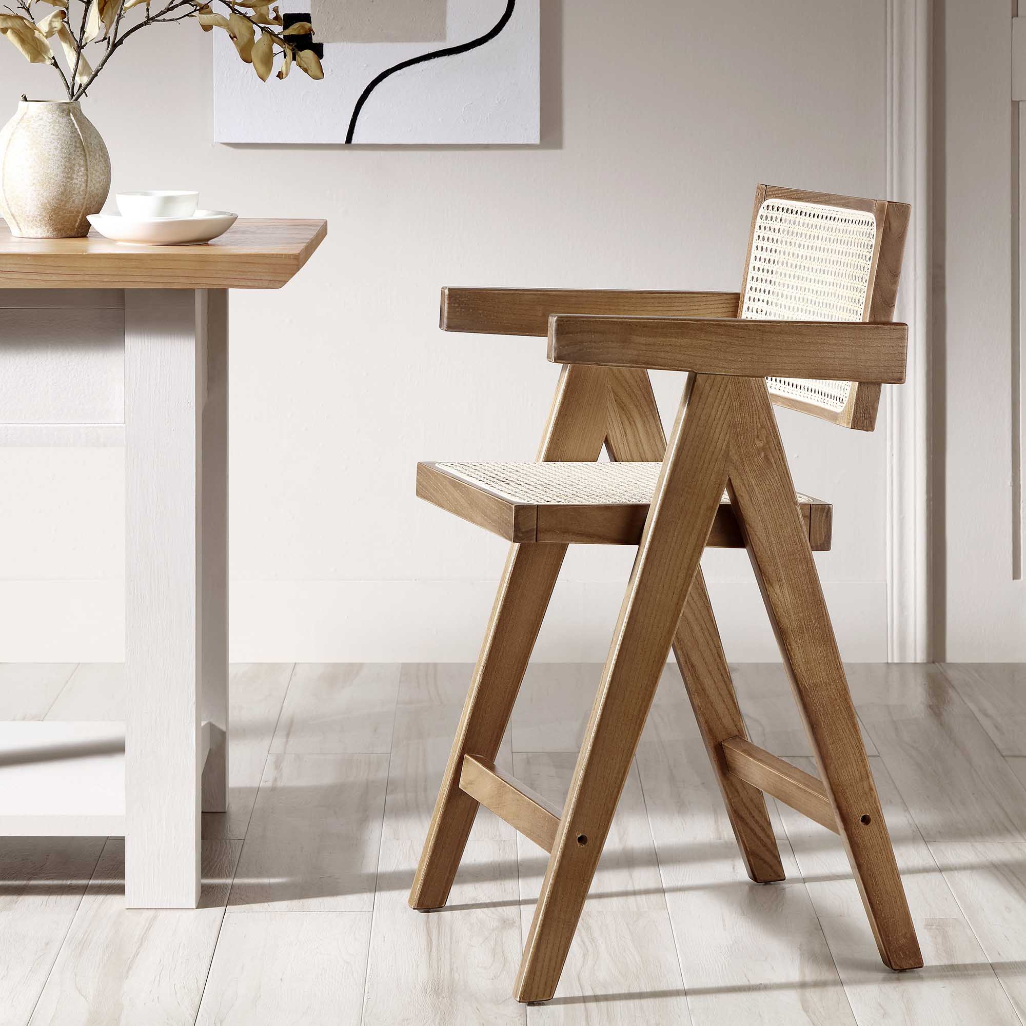 Jeanne Light Walnut Cane Rattan Solid Beech Wood Counter Stool - Image 2