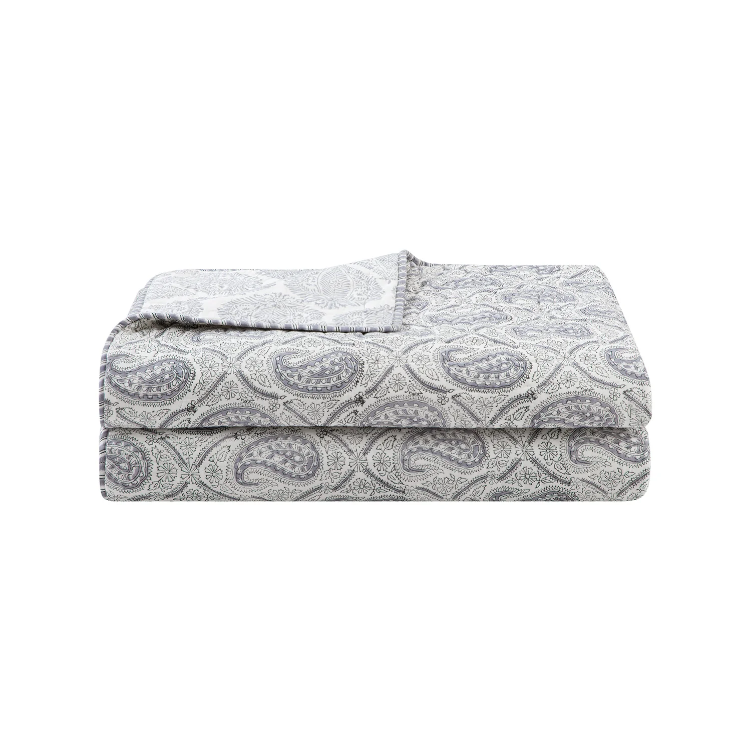 Juliette French Blue Paisley Reversible Quilted Cotton Bedspread - Image 2