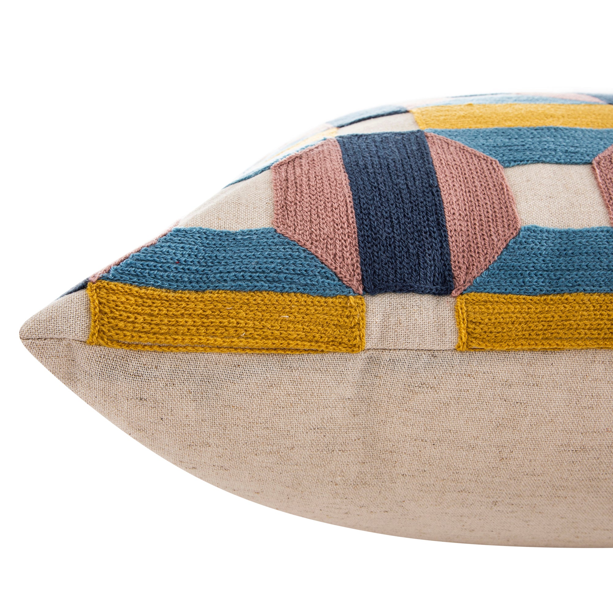 Knox Pink Blue & Yellow Crewelwork Wool Embroidered Cushion - Image 4