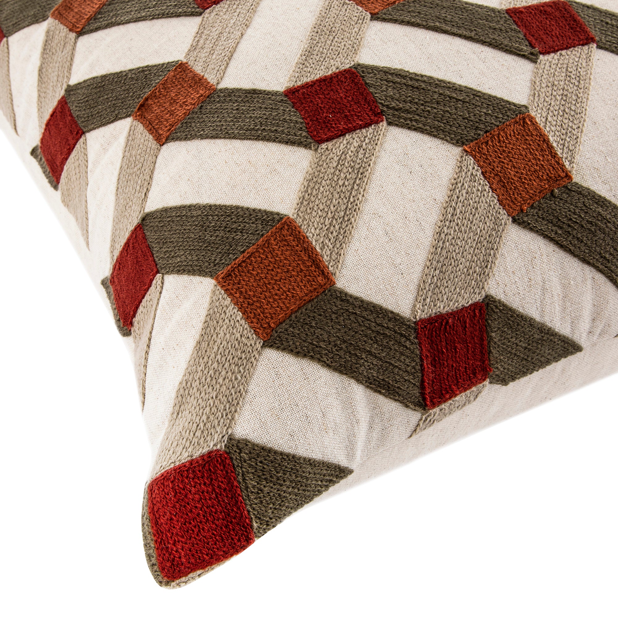 Knox Rust Olive & Beige Crewelwork Wool Embroidered Cushion - Image 4