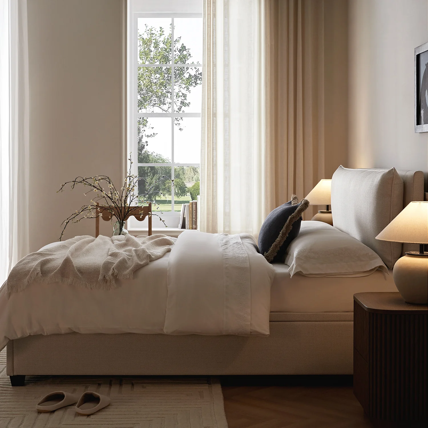 Kricia Upholstered Storage Bed with Pillow Headboard, Oatmeal Chevron - Image 3