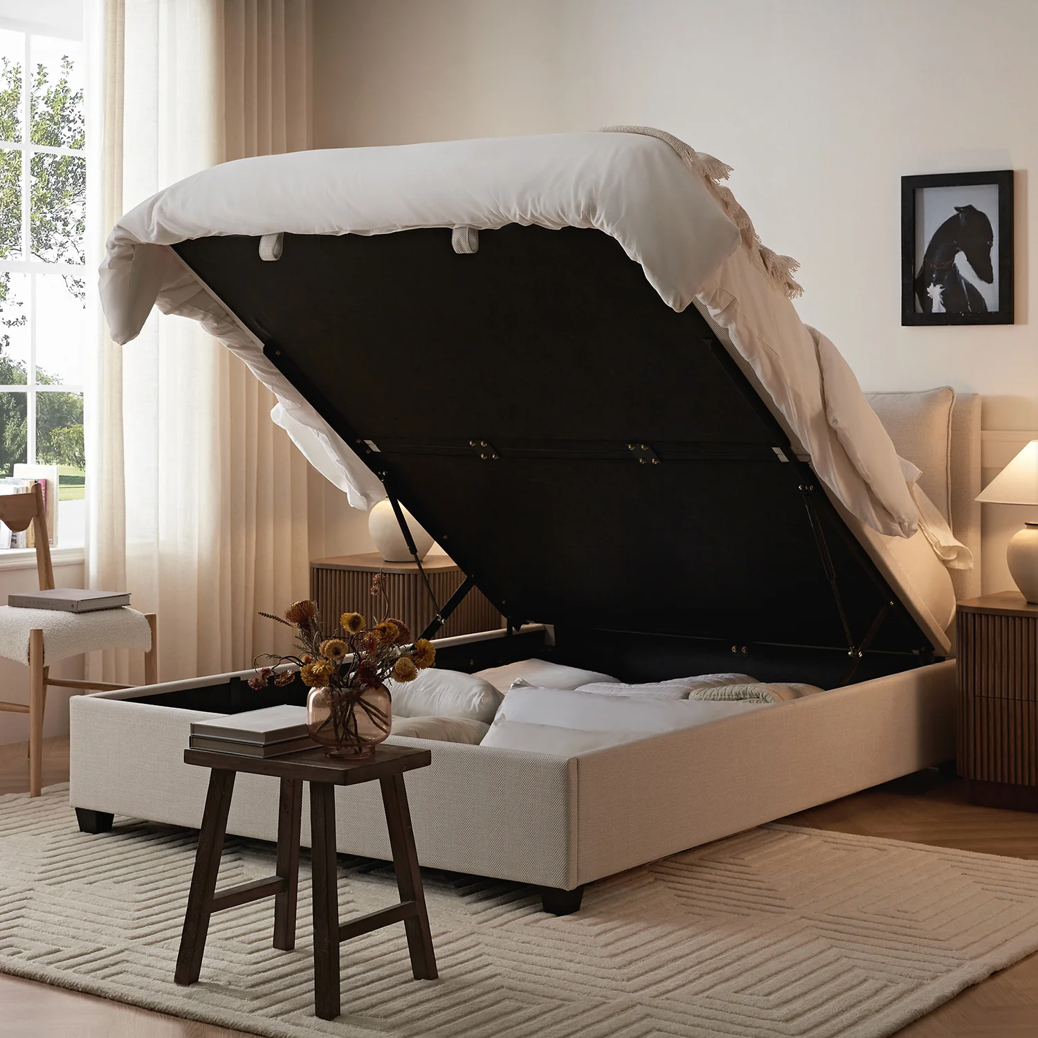 Kricia Upholstered Storage Bed with Pillow Headboard, Oatmeal Chevron - Image 4