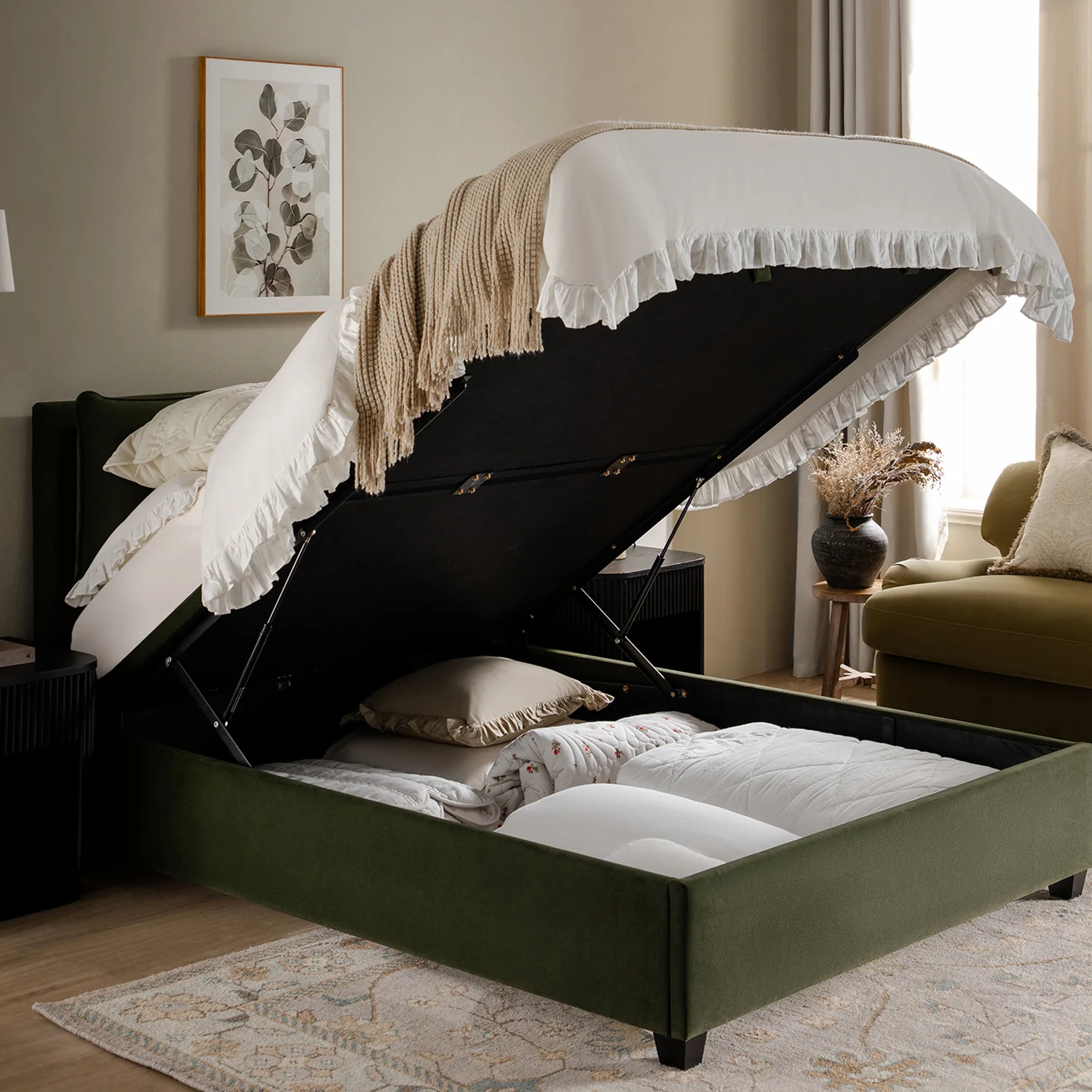 Kricia Upholstered Storage Bed with Pillow Headboard, Moss Green Velvet - Image 4