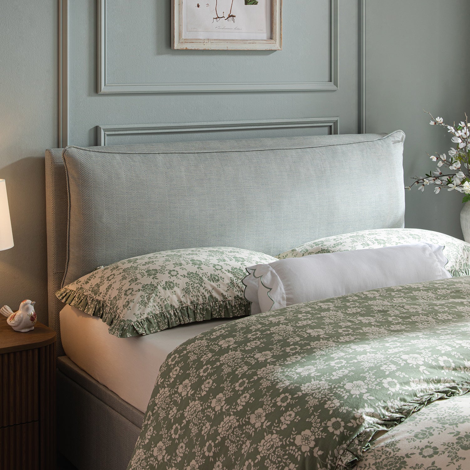 Kricia Upholstered Storage Bed with Pillow Headboard, Slate Blue Chevron - Image 6