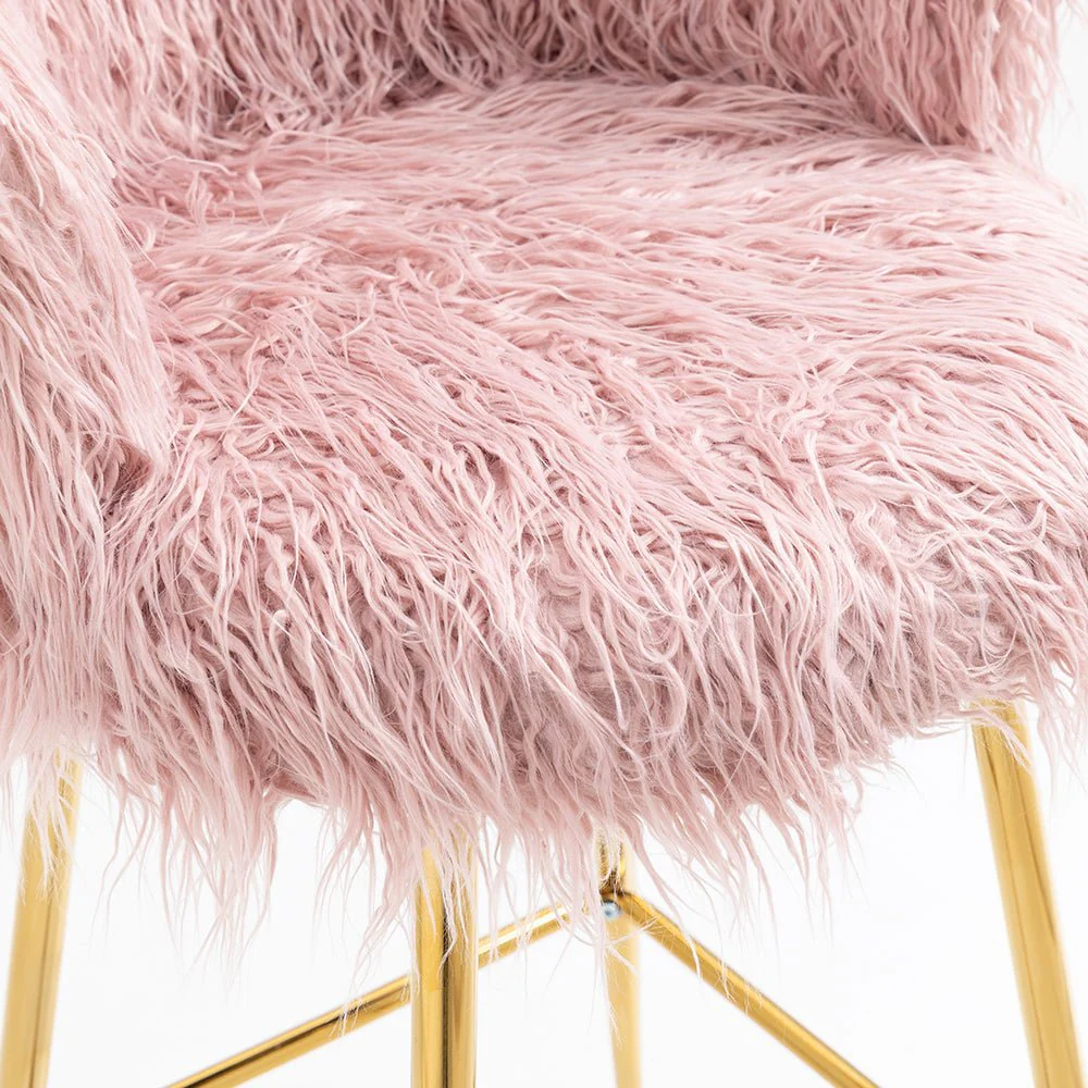 Kylie Set of 2 Pink Plush Shaggy Faux Fur Bar Stools - Image 2