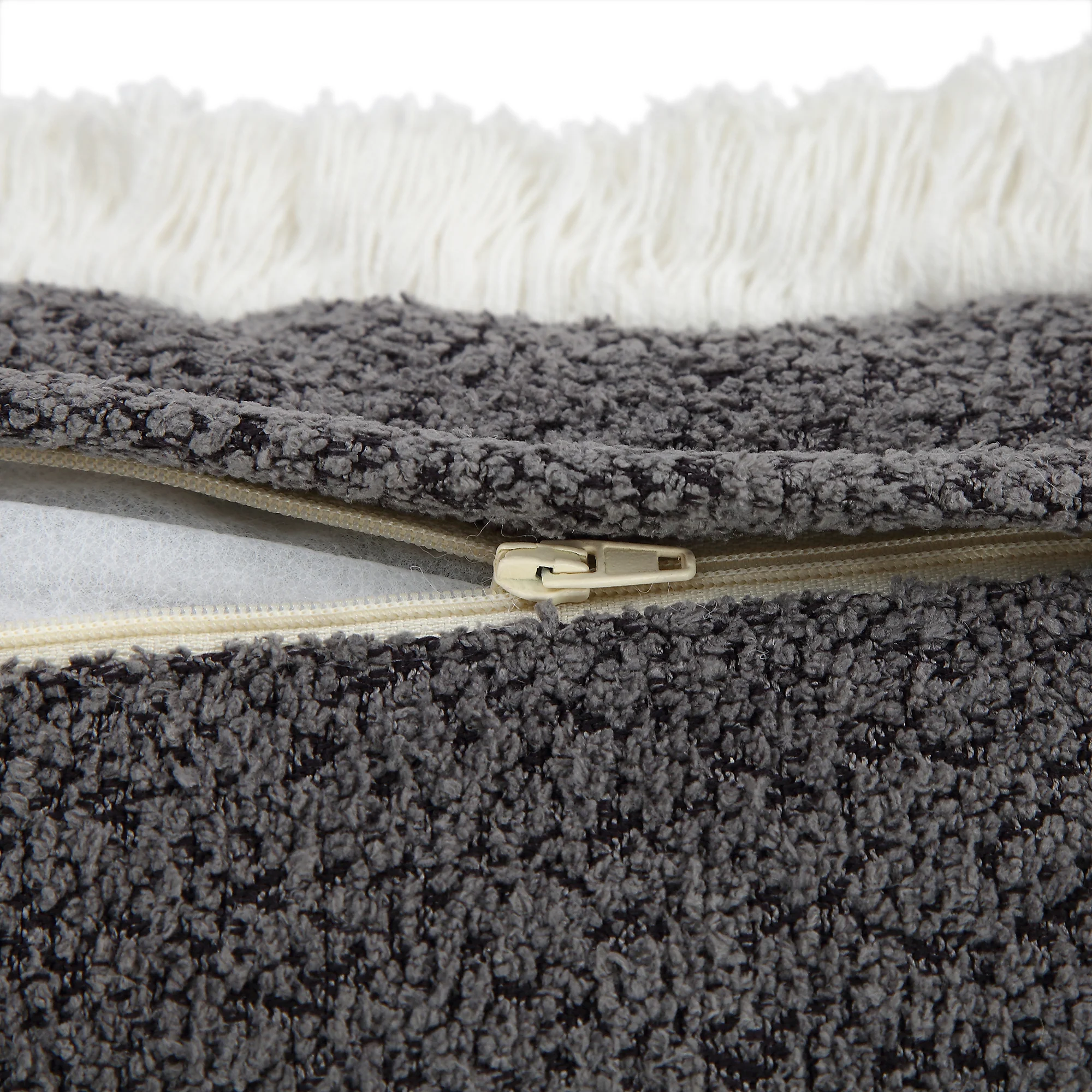 Kyra Graphite Grey Bouclé Fringed Cushion - Image 6