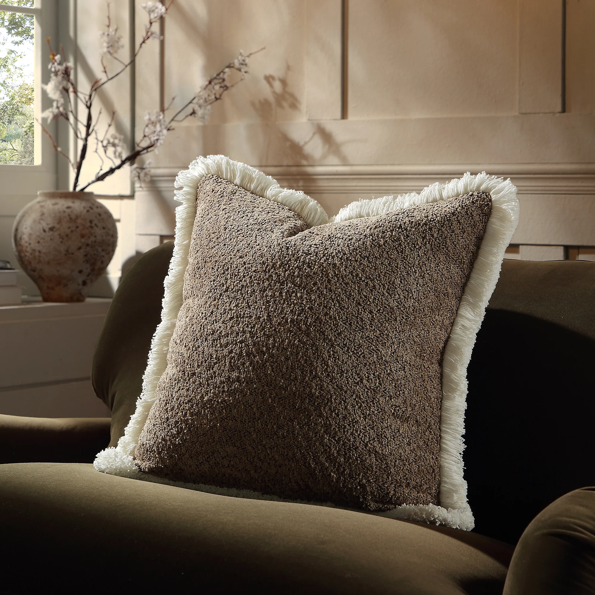Kyra Mink Bouclé Fringed Cushion - Image 2