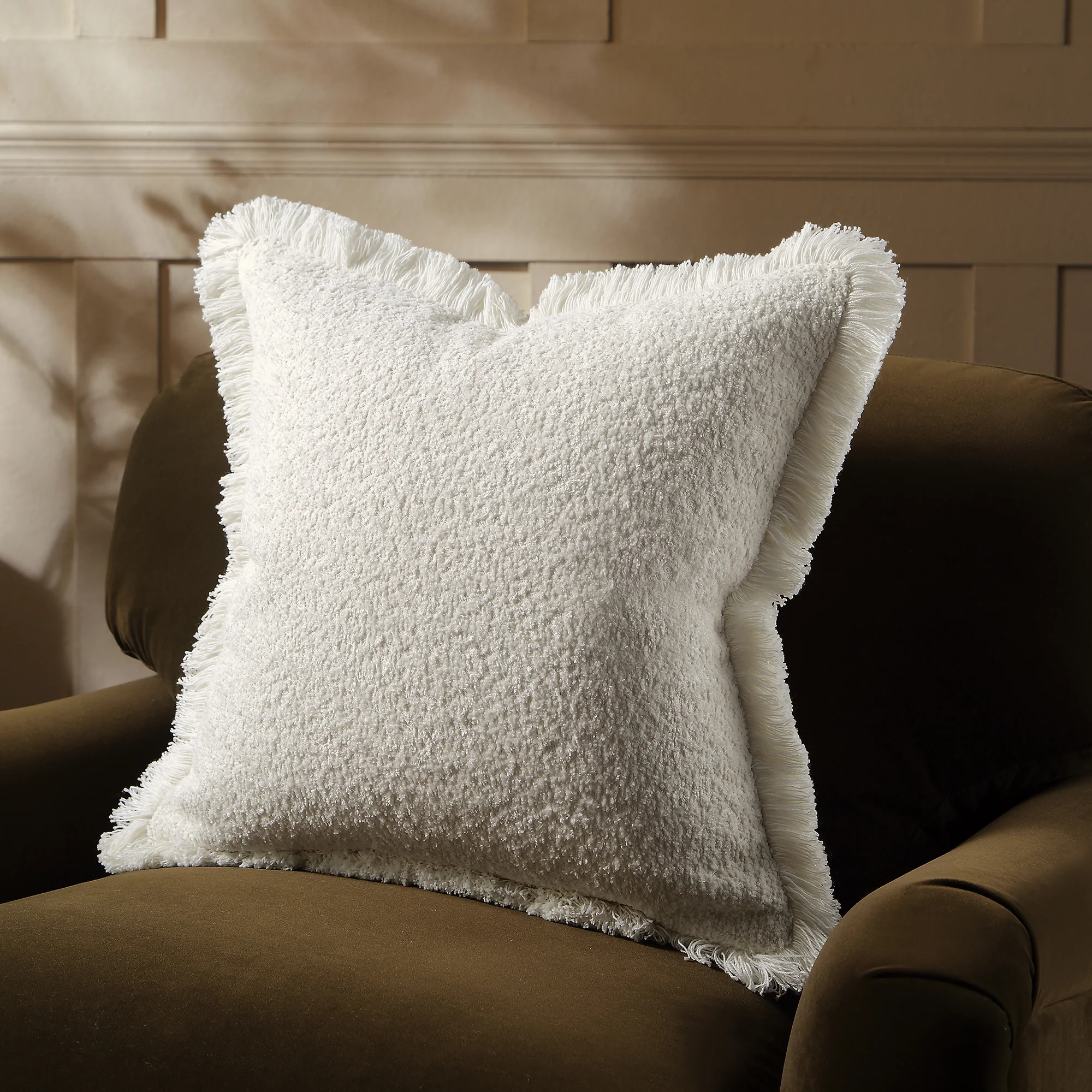Kyra Cream White Bouclé Fringed Cushion - Image 2