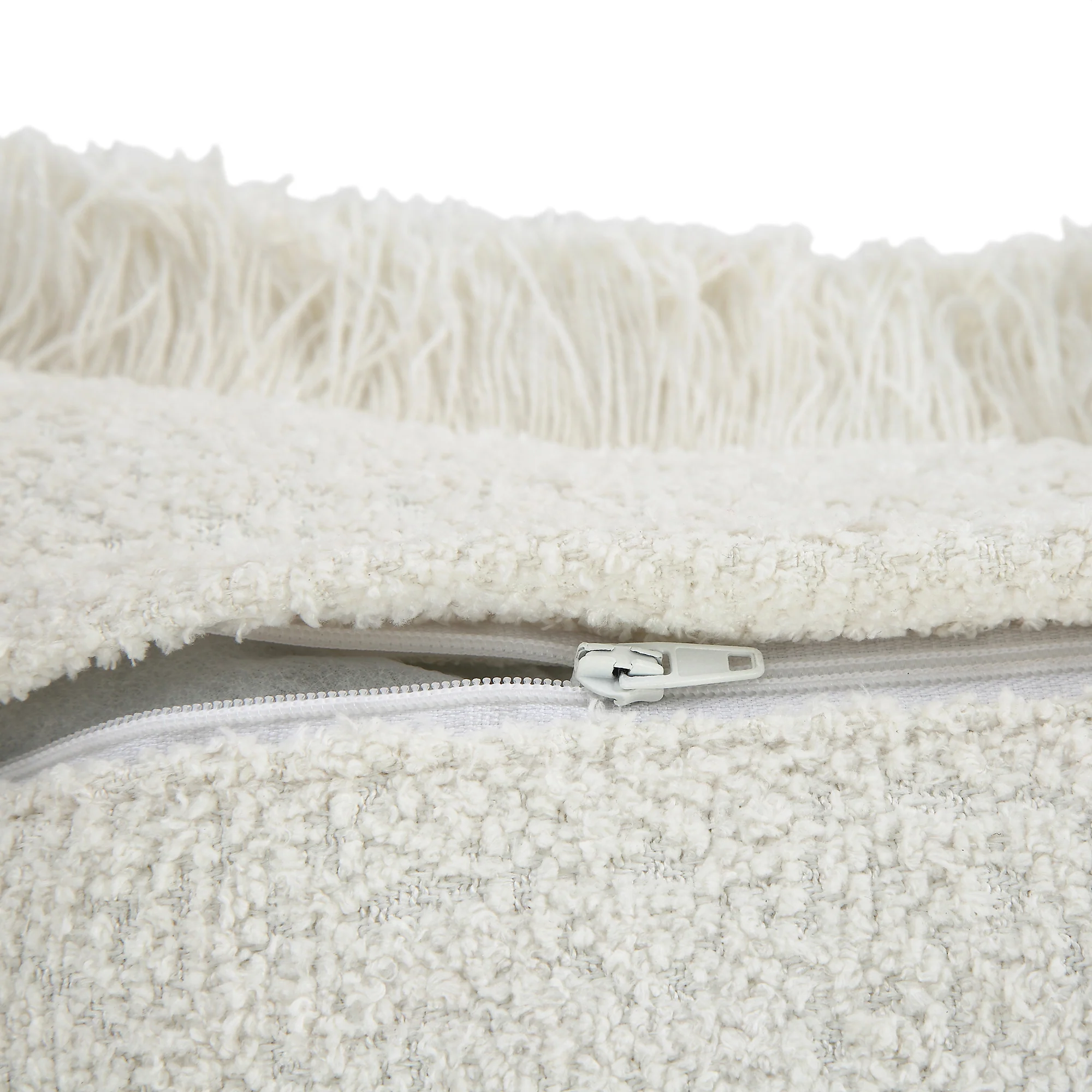Kyra Cream White Bouclé Fringed Cushion - Image 7