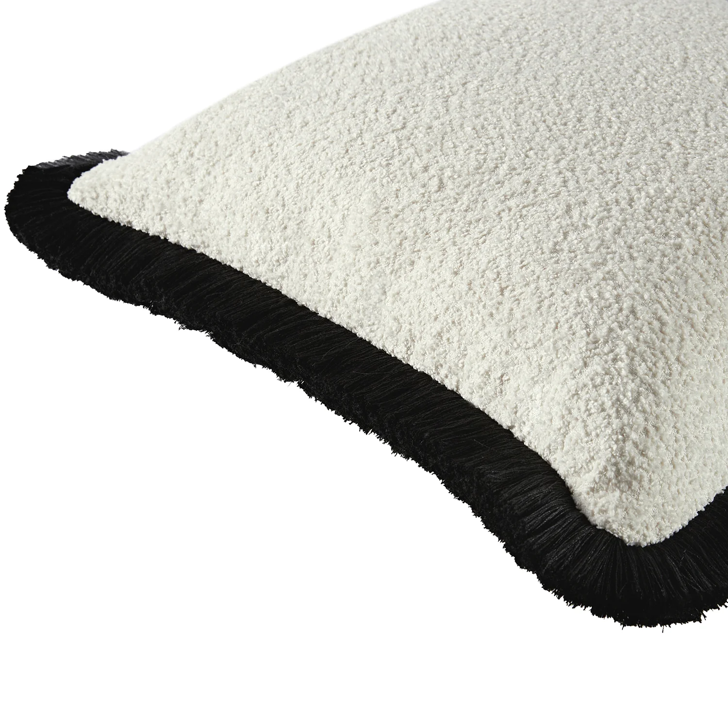 Kyra Cream White Bouclé Black Fringed Cushion - Image 2
