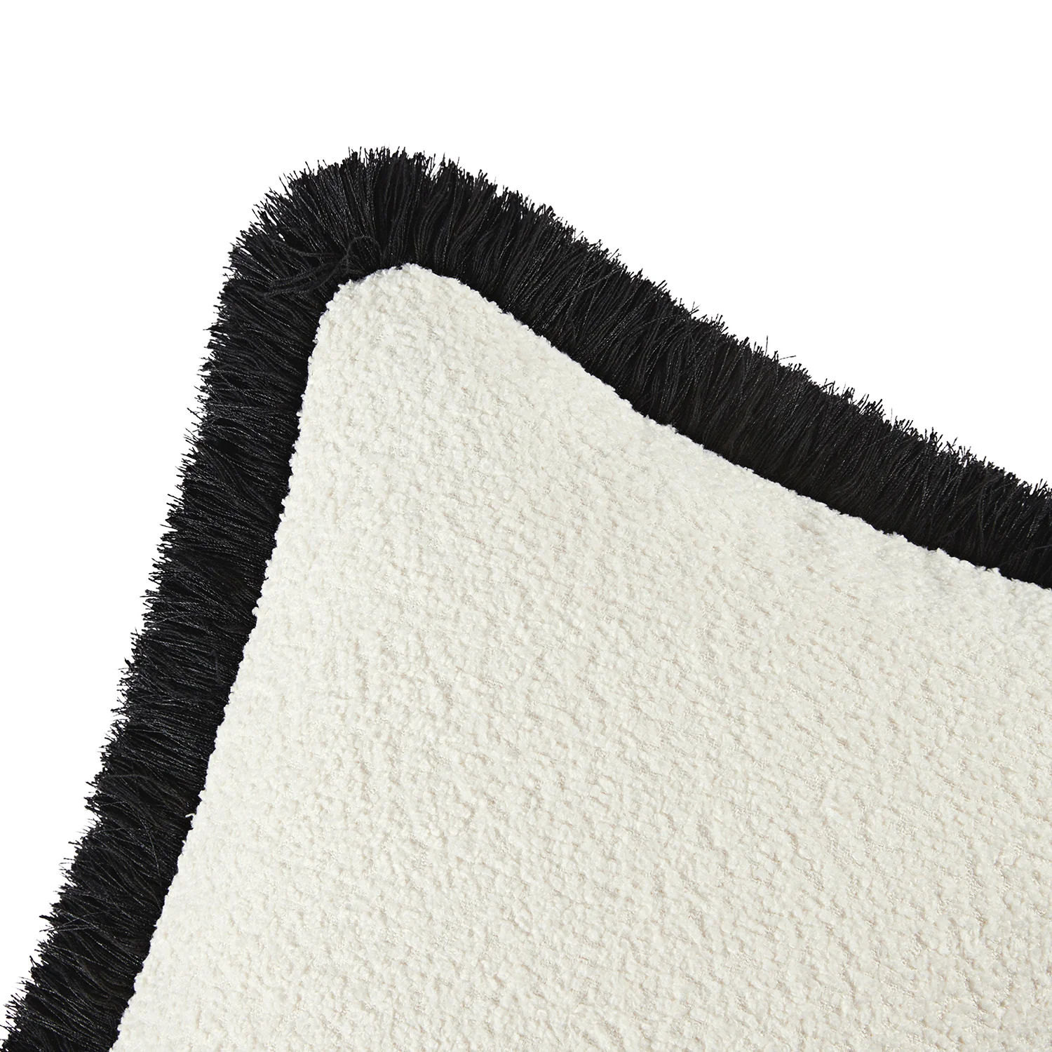 Kyra Cream White Bouclé Black Fringed Lumbar Cushion - Image 3