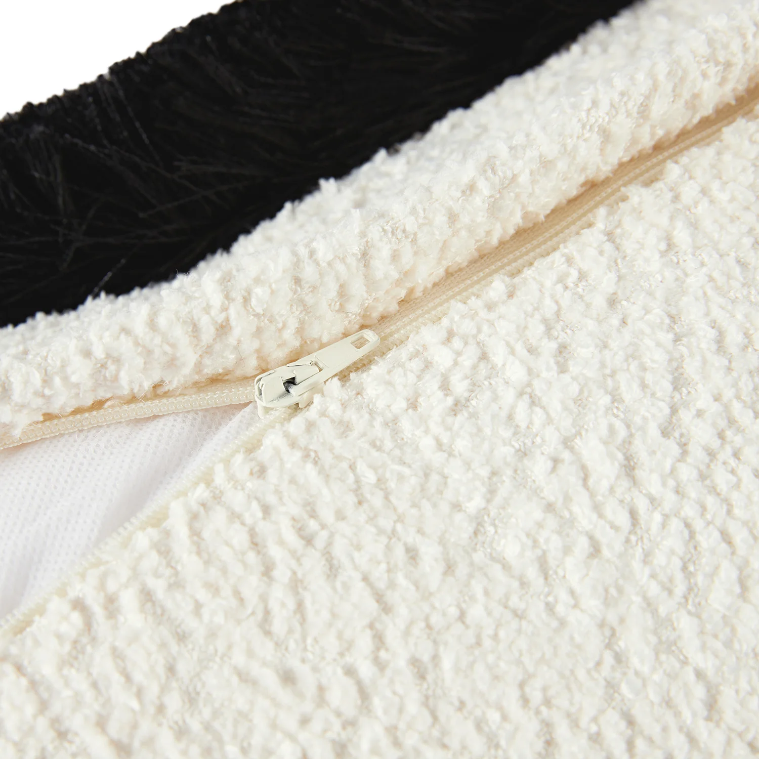Kyra Cream White Bouclé Black Fringed Lumbar Cushion - Image 4