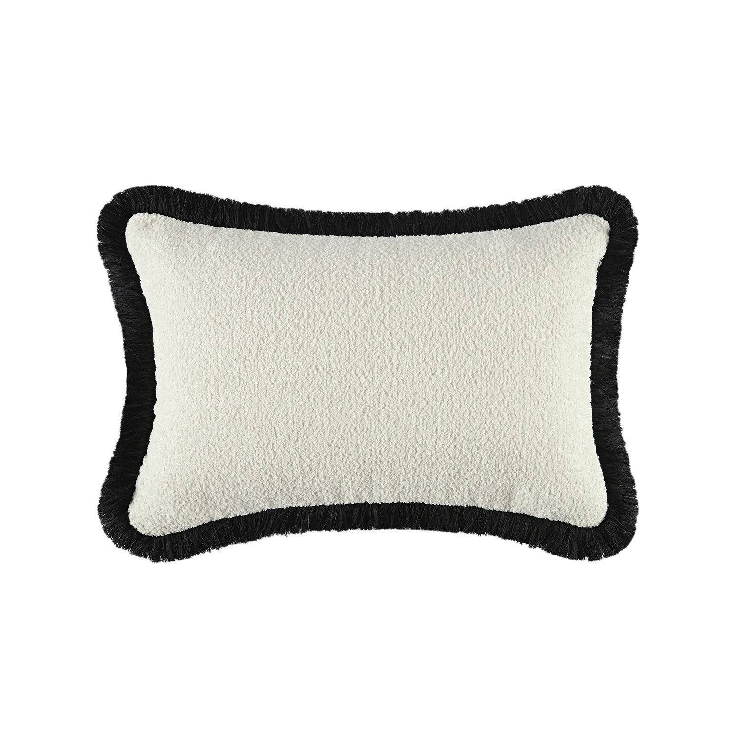 Kyra Cream White Bouclé Black Fringed Rectangular Cushion