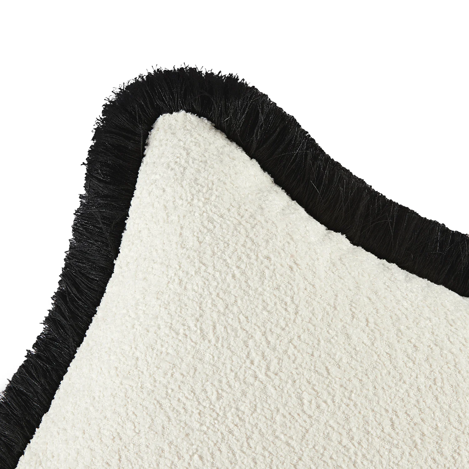 Kyra Cream White Bouclé Black Fringed Rectangular Cushion - Image 4