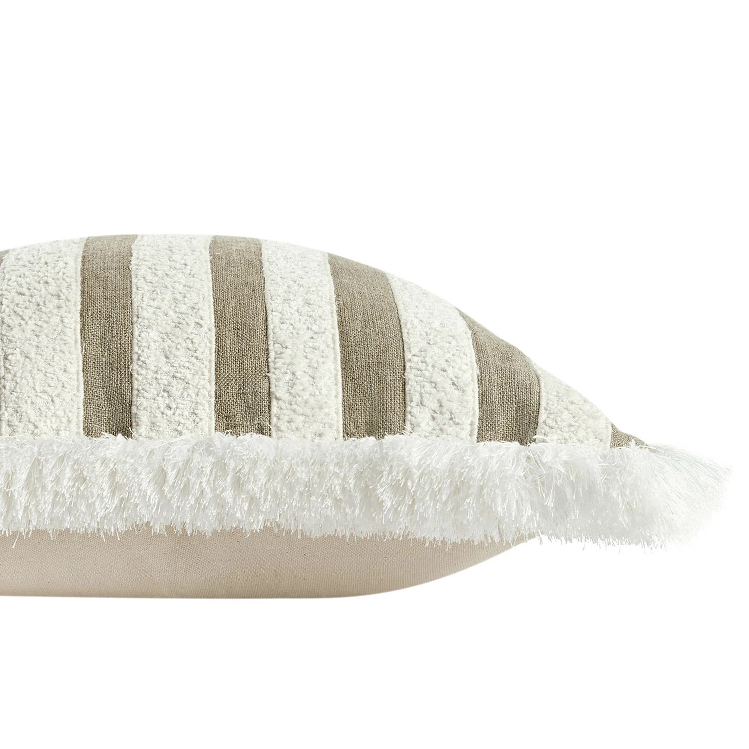 Kyra Cream White & Taupe Striped Linen Bouclé Fringed Cushion - Image 2
