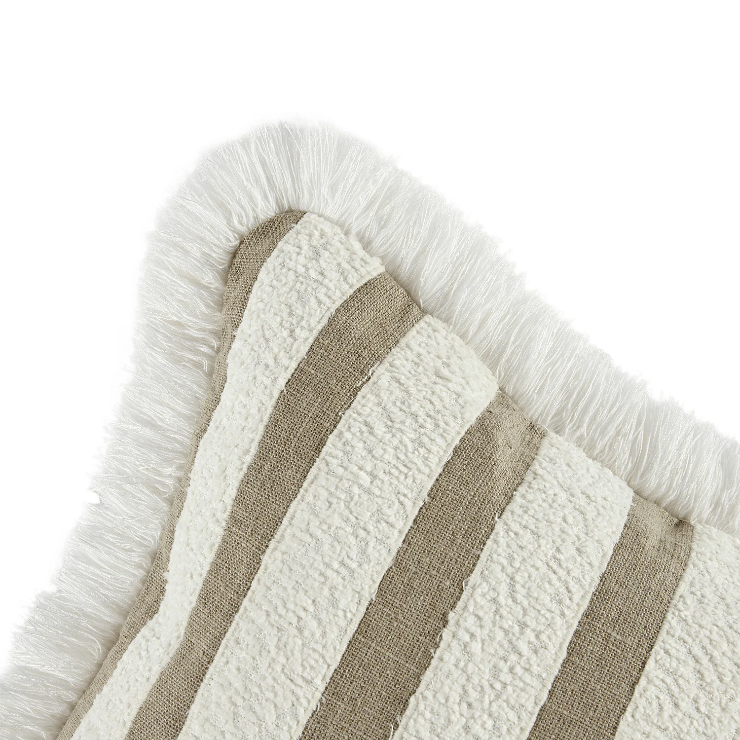 Kyra Cream White & Taupe Striped Linen Bouclé Fringed Cushion - Image 3