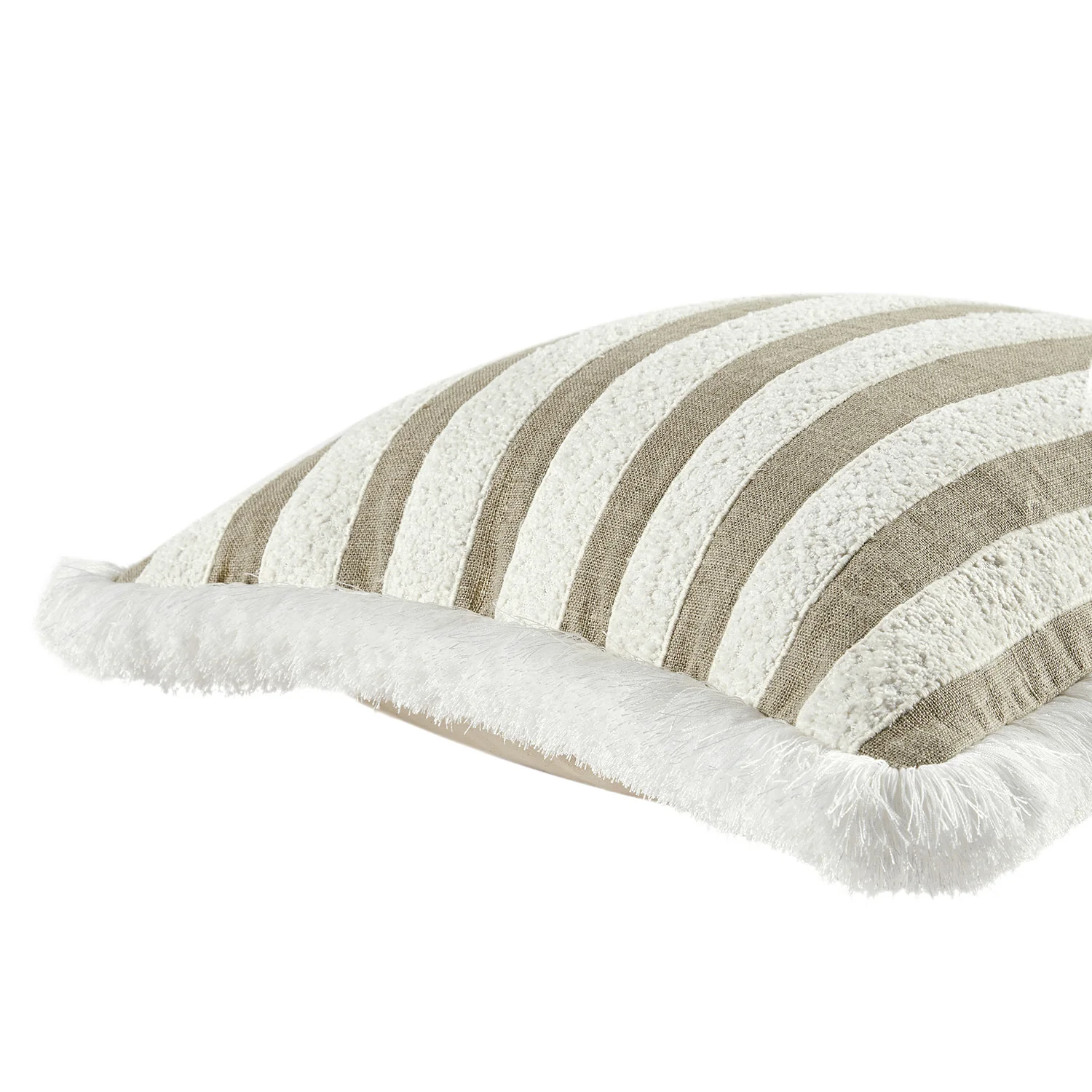 Kyra Cream White & Taupe Striped Linen Bouclé Fringed Cushion - Image 4