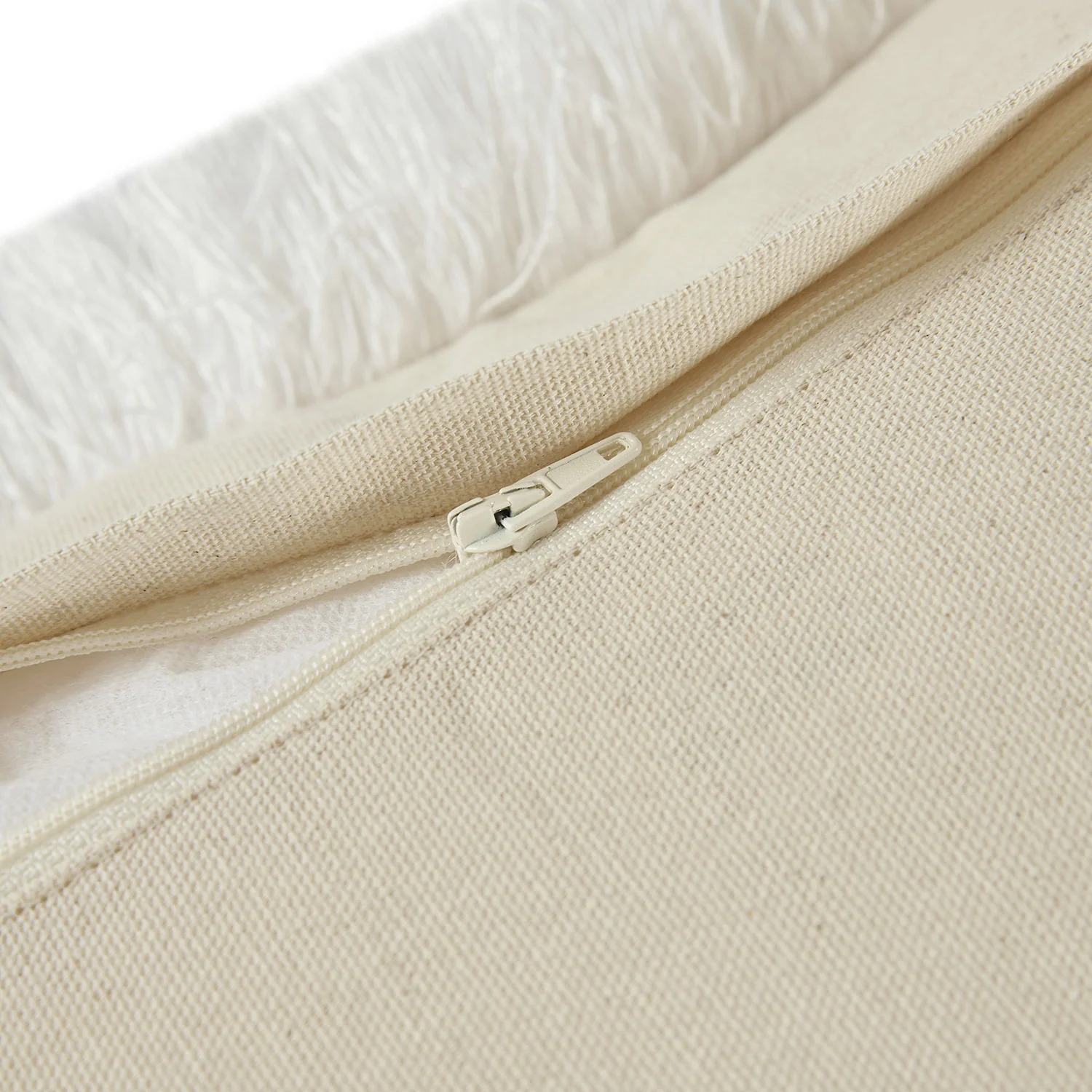 Kyra Cream White & Taupe Striped Linen Bouclé Fringed Cushion - Image 5