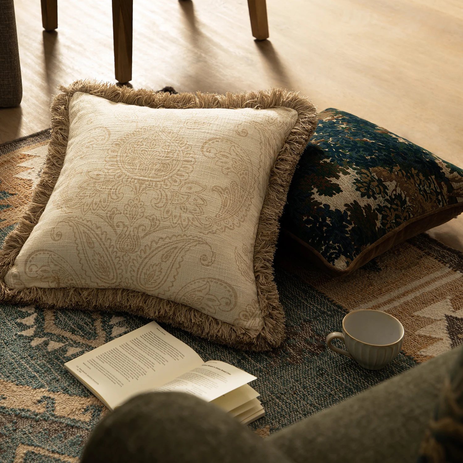 Kyra Floral Printed Linen Fringed Cushion - Image 2