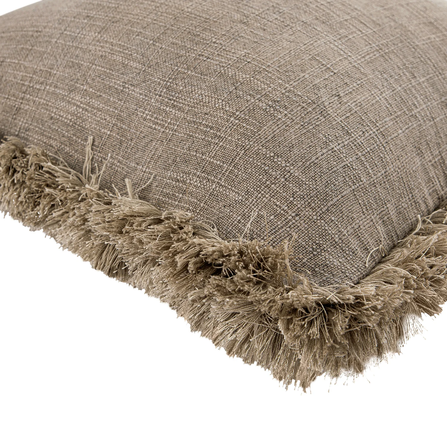 Kyra Mushroom Grey Linen Fringed Cushion - Image 3