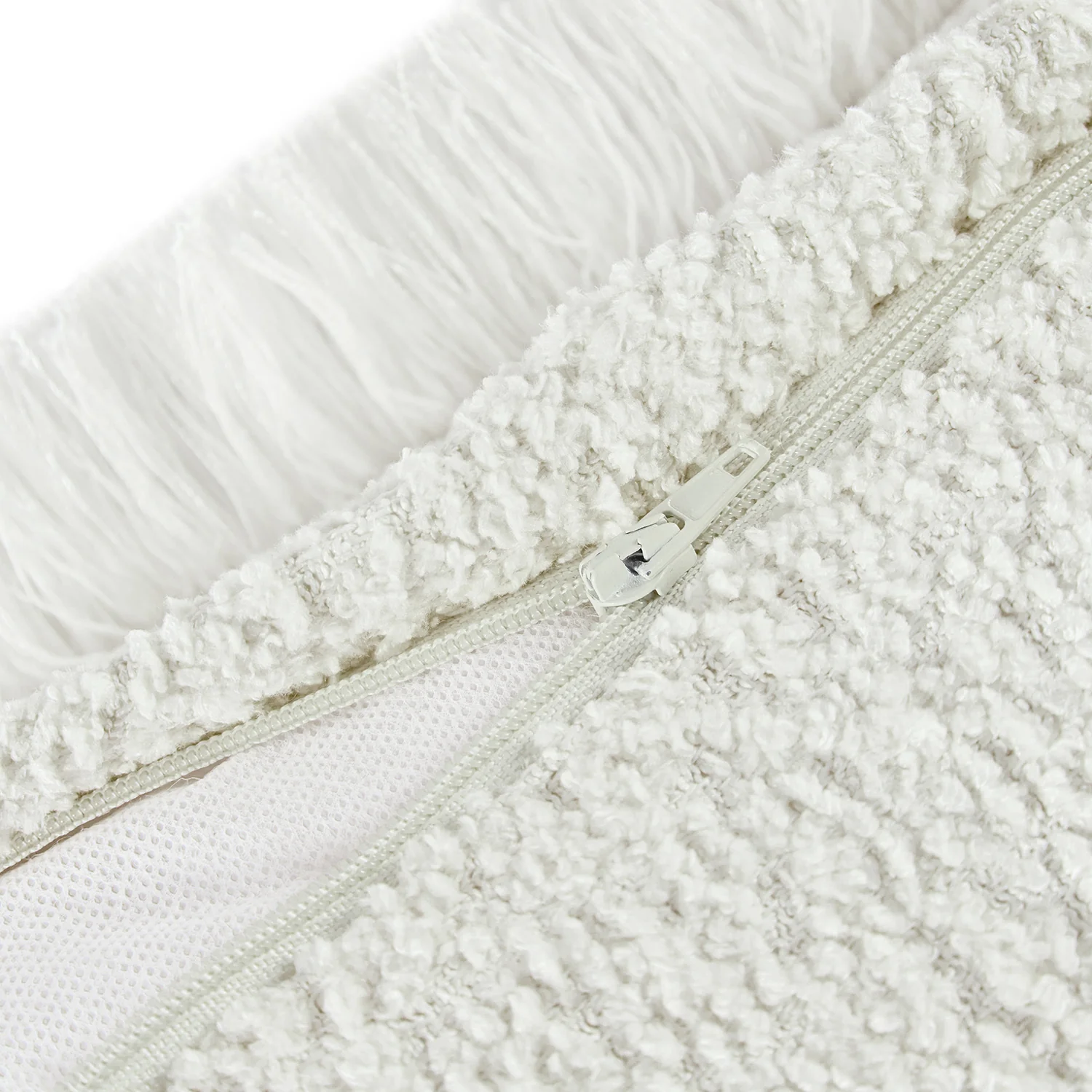 Kyra Cream White Bouclé Fringed Lumbar Cushion - Image 5