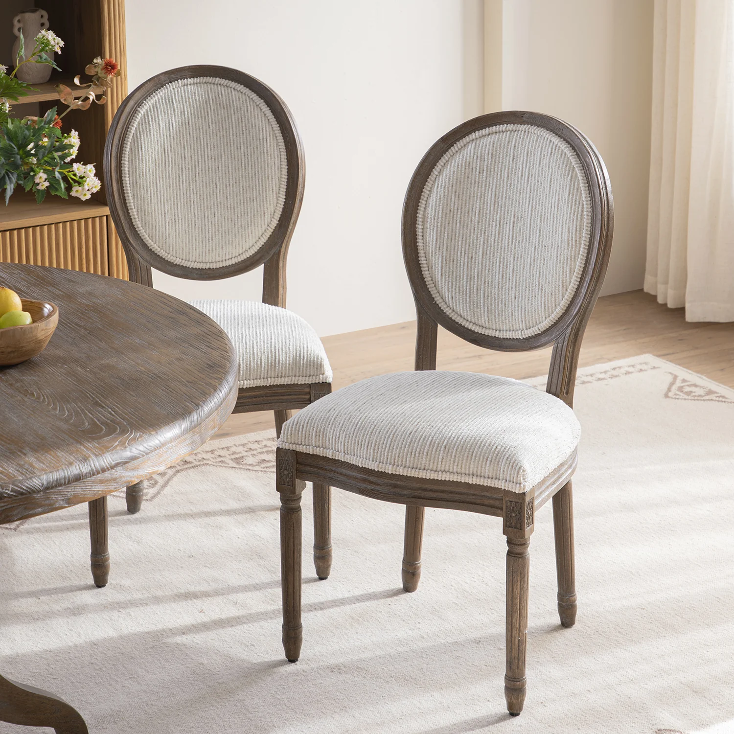 Lainston Set of 2 Classic Weathered Oak Dining Chairs, Beige Textured Fabric - Image 3